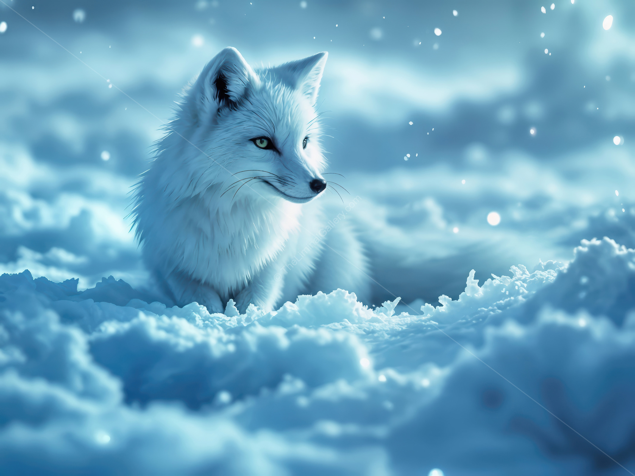 Snow-covered realm where an arctic fox silently observes the enchanting winter landscape at dusk