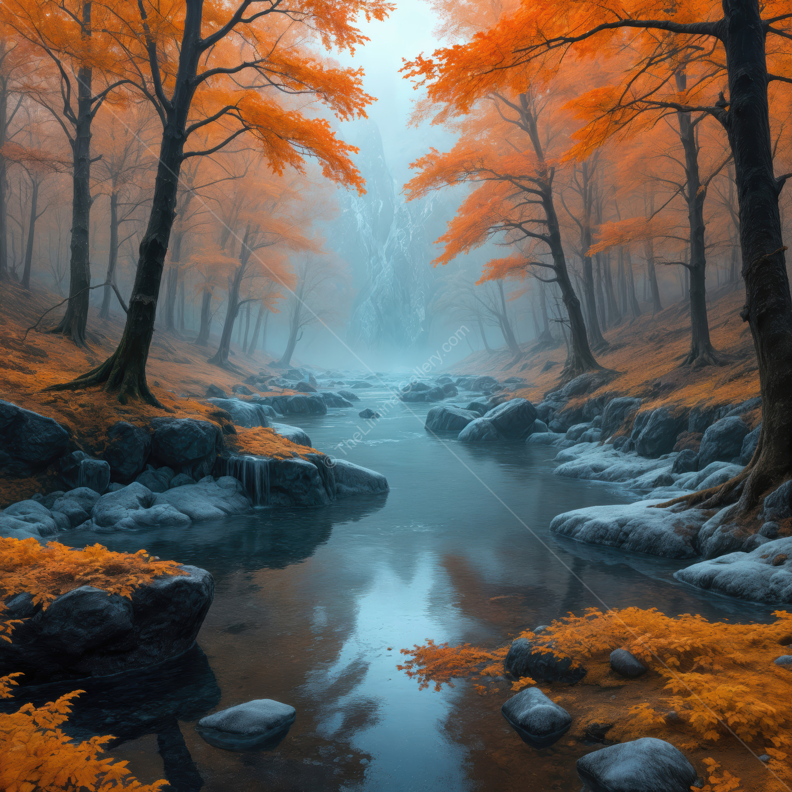 Autumn whispers through a foggy forest, where vibrant orange leaves dance near still waters