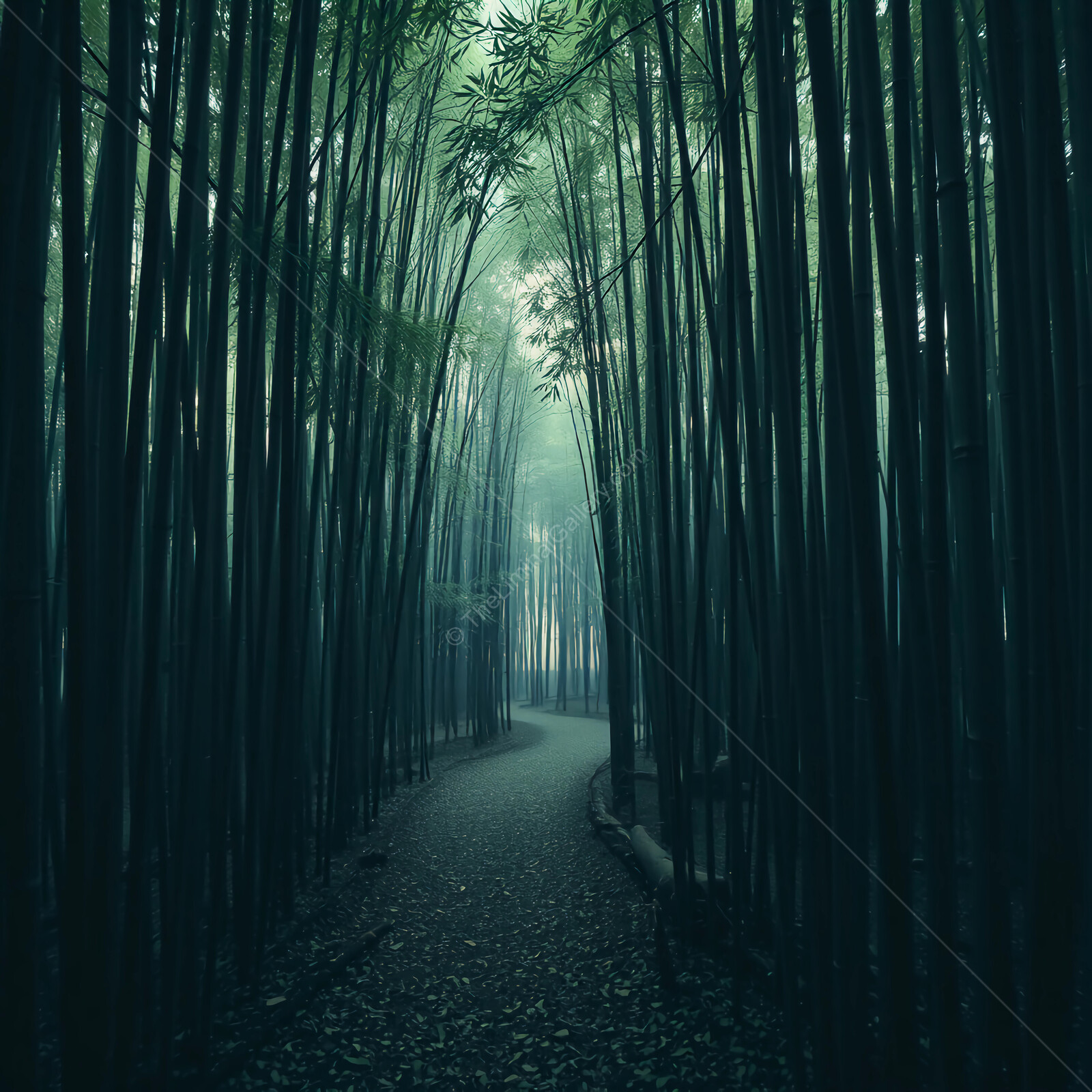 Enchanting liminal bamboo path winding through misty forest at twilight for a serene escape