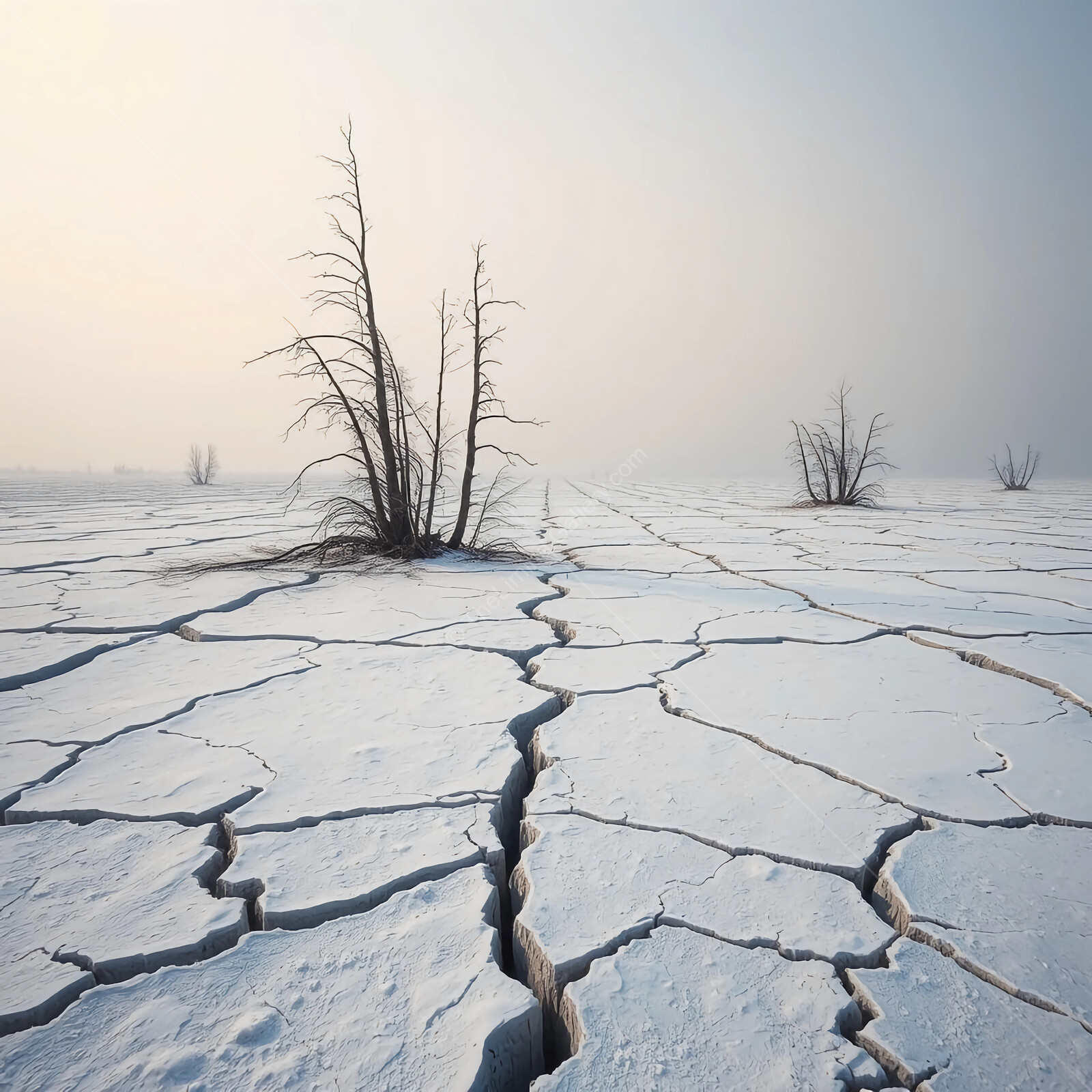 Barren liminal landscape with cracked earth and leafless trees at dawn