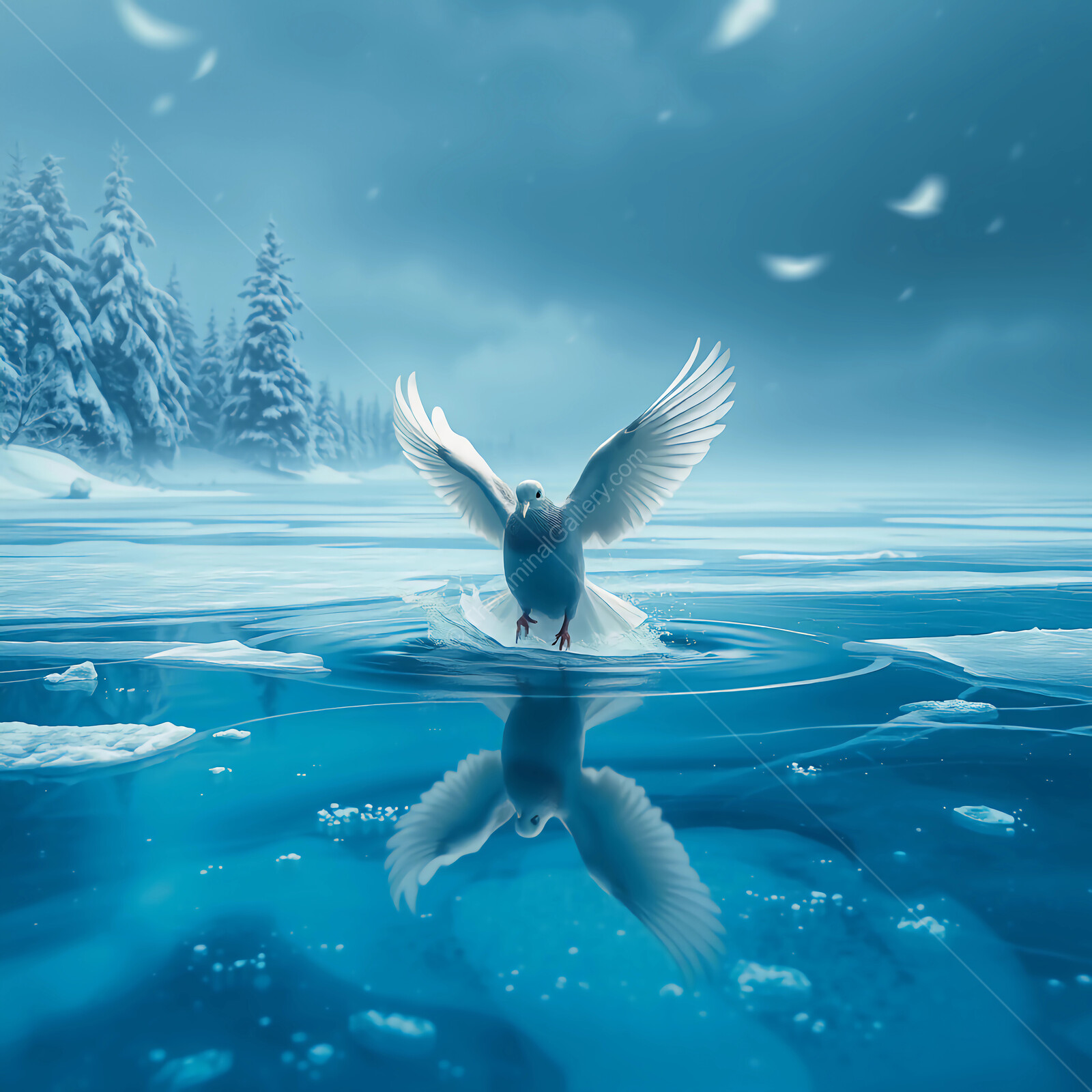 Majestic bird takes flight over a serene, icy lake surrounded by snowy trees at dawn