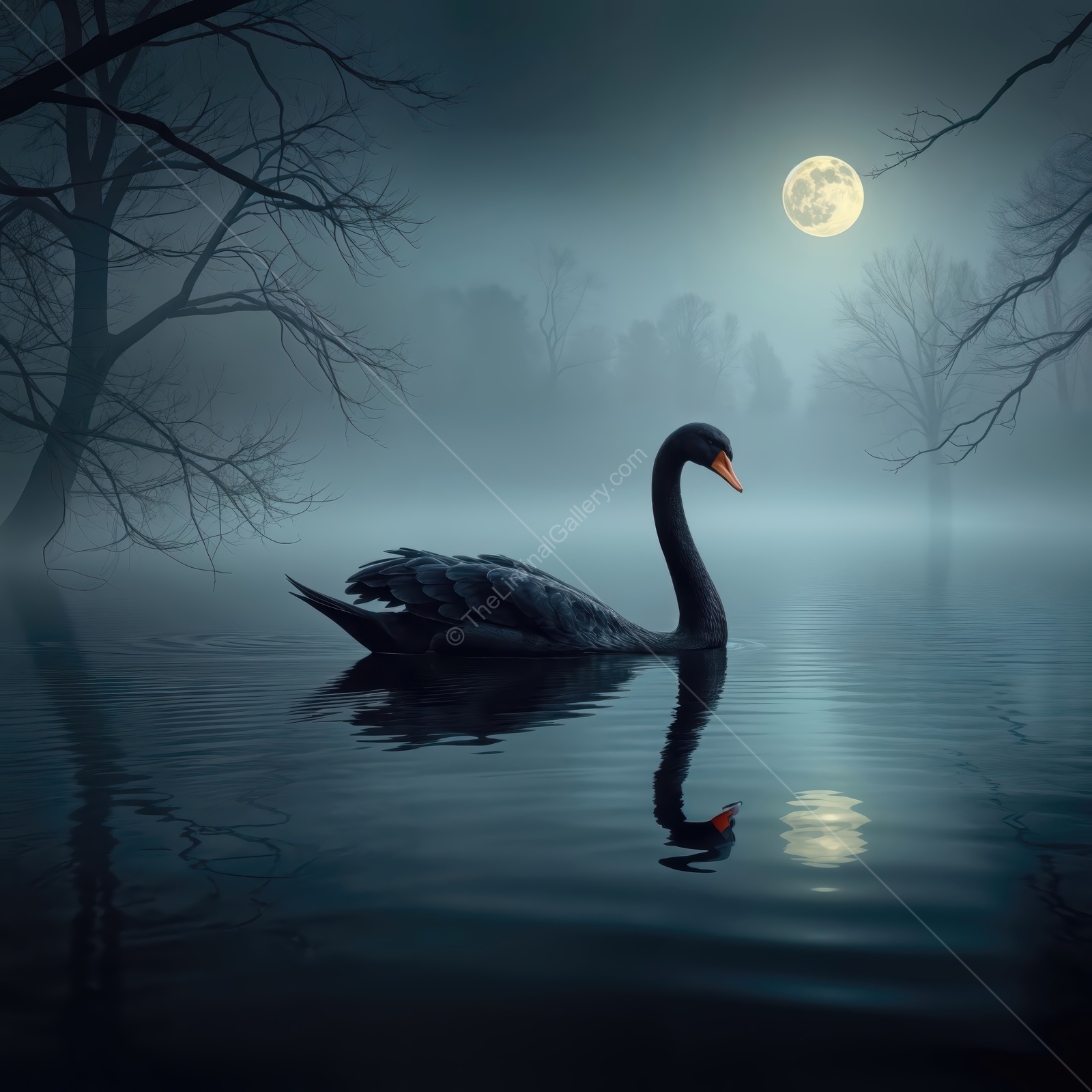 Mystical black swan gliding through the fog under a full moon in a serene nature scene