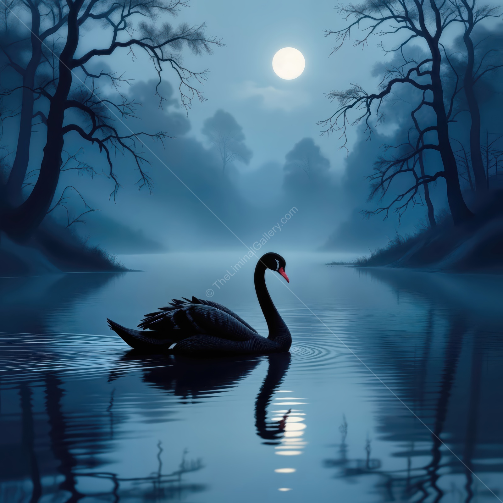 Moonlit serenity with a black swan gliding through a calm, misty lake surrounded by dark trees