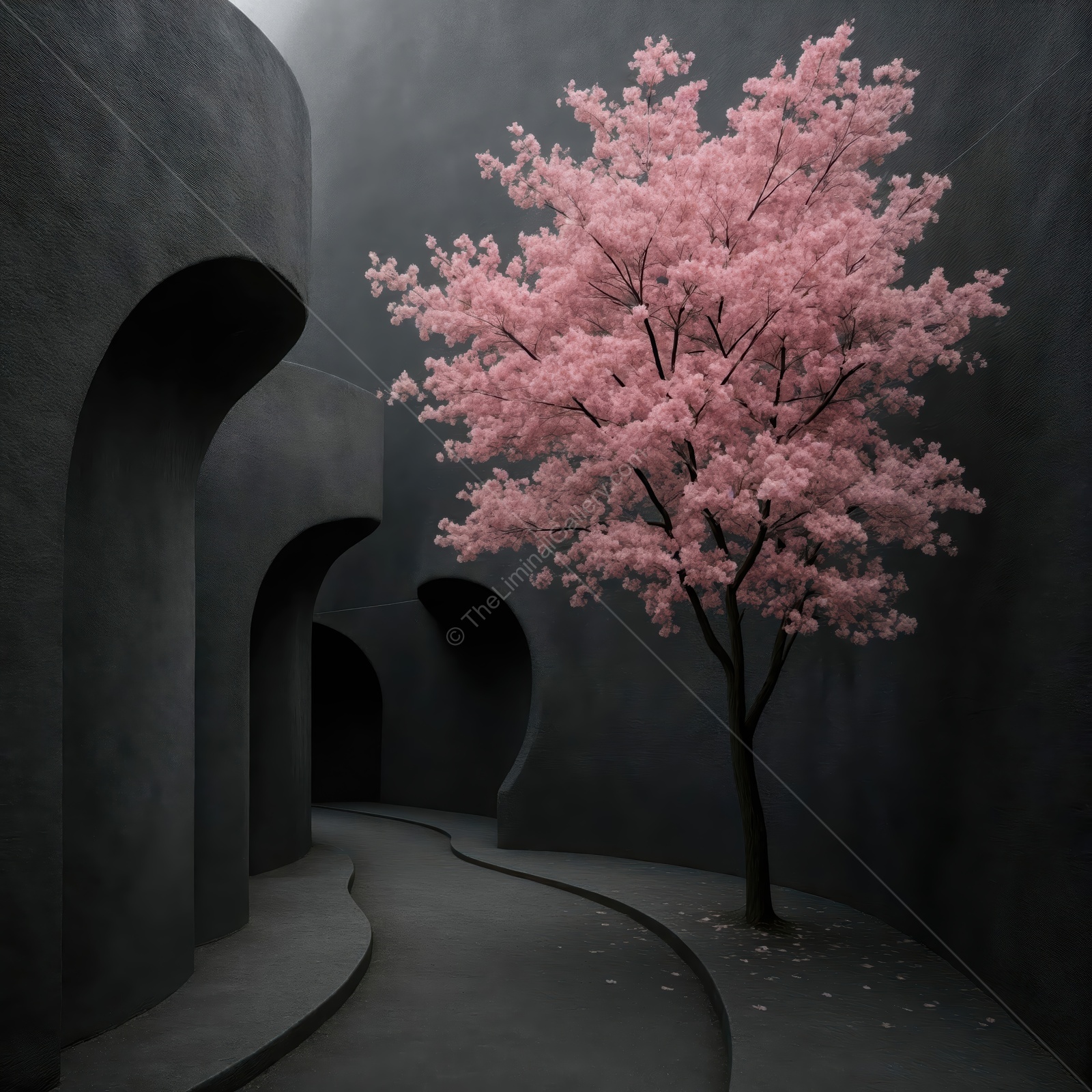 Discovering tranquility in a darkly enchanting alley with blooming cherry blossoms under soft light