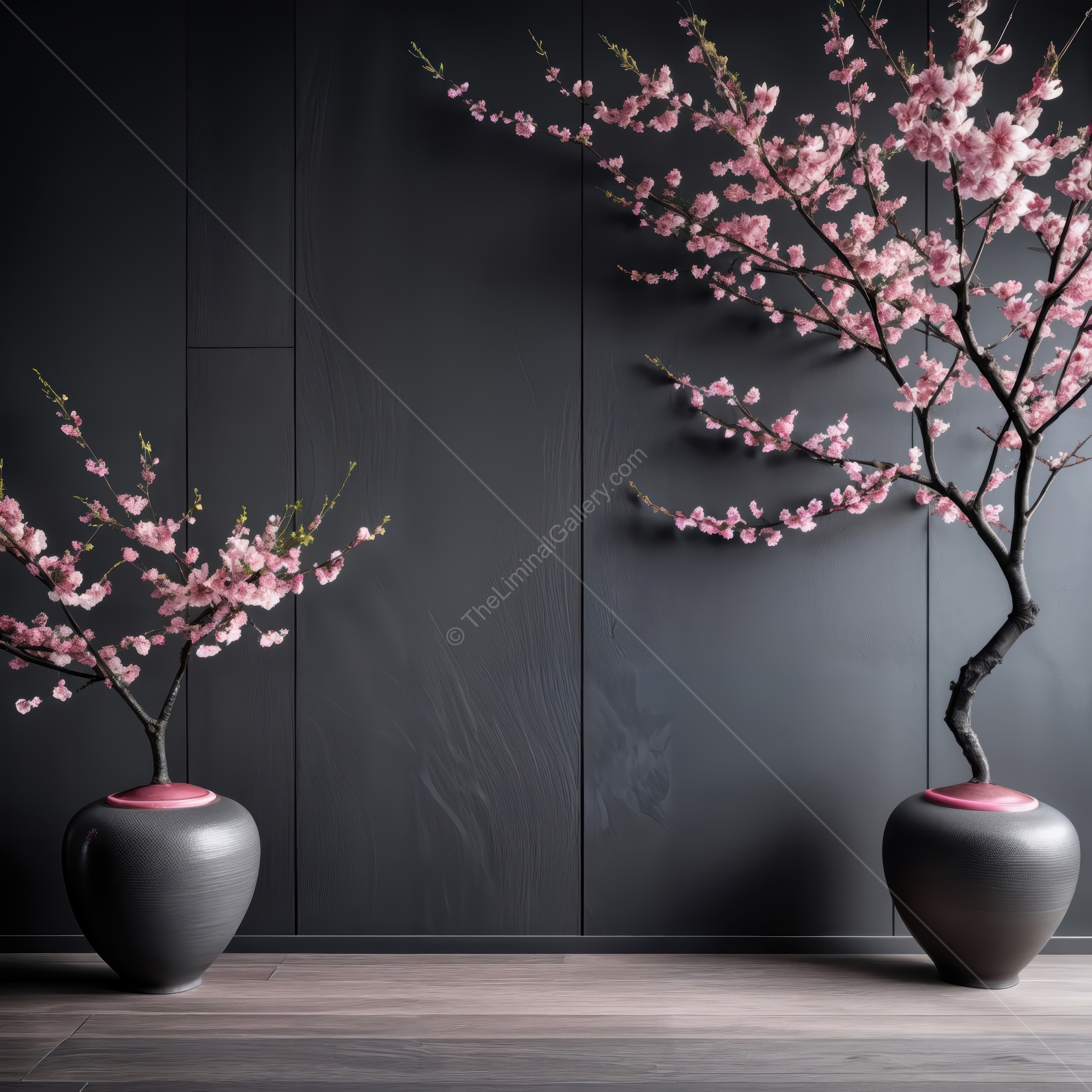 Blossoming branches create a serene nature liminal space in a modern indoor setting