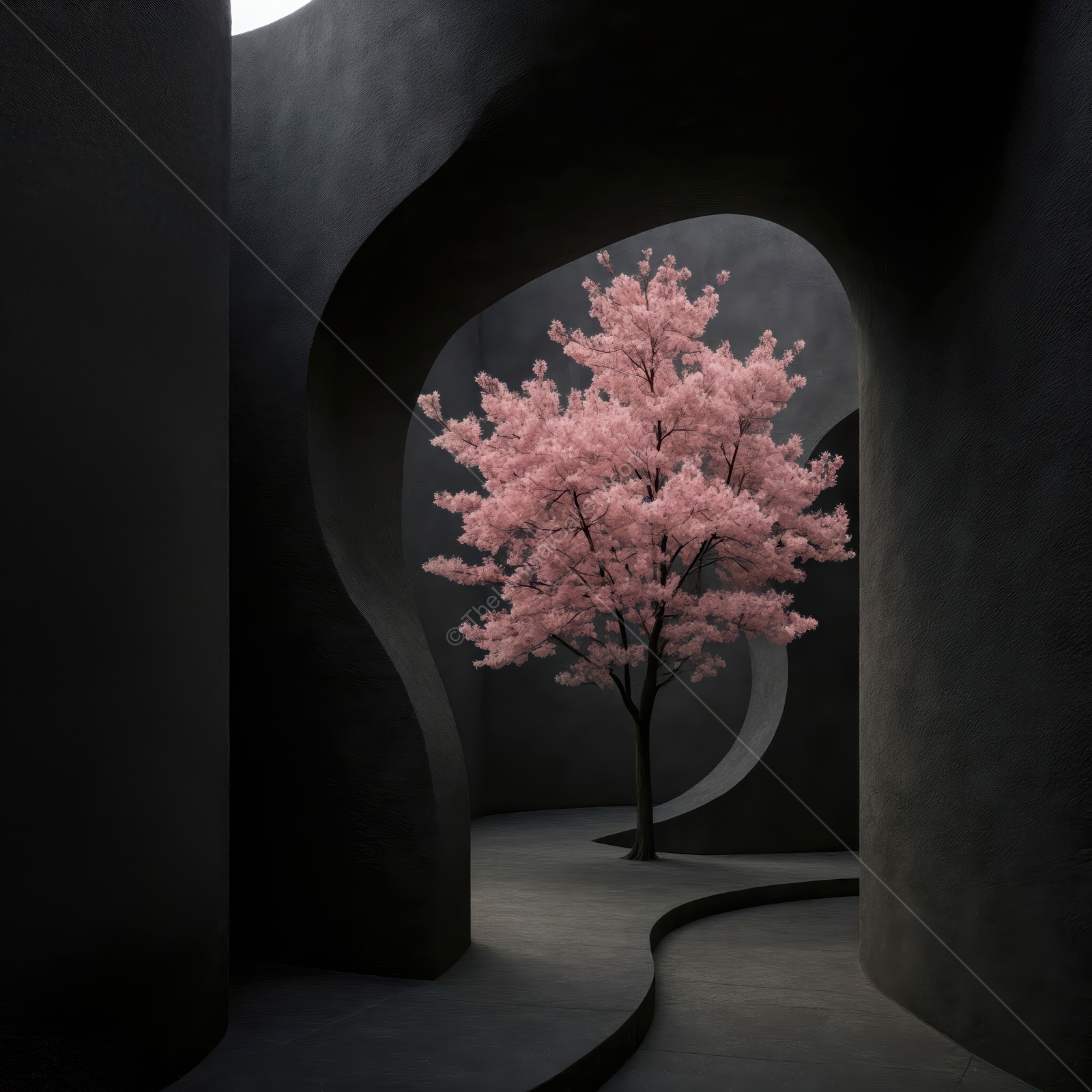 Vivid cherry blossom stands alone in a dark, curving passageway evoking a serene and mystical nature liminal space