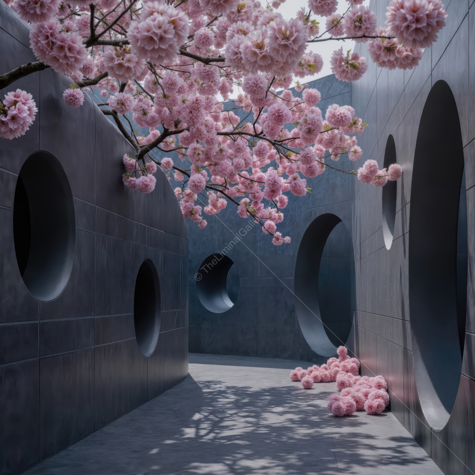 Blossoms meet modern architecture in a serene liminal space filled with pink flowers and geometric shapes