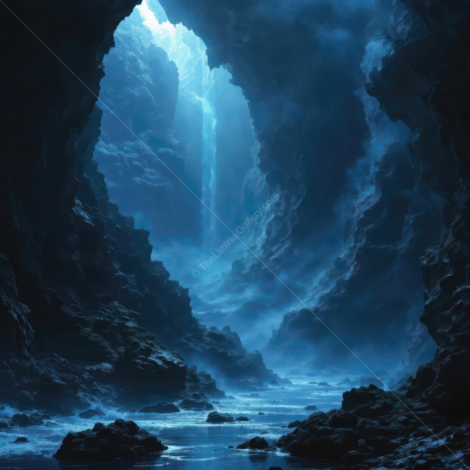 Mysterious blue cave with a shimmering waterfall and ethereal light creating an enchanting atmosphere