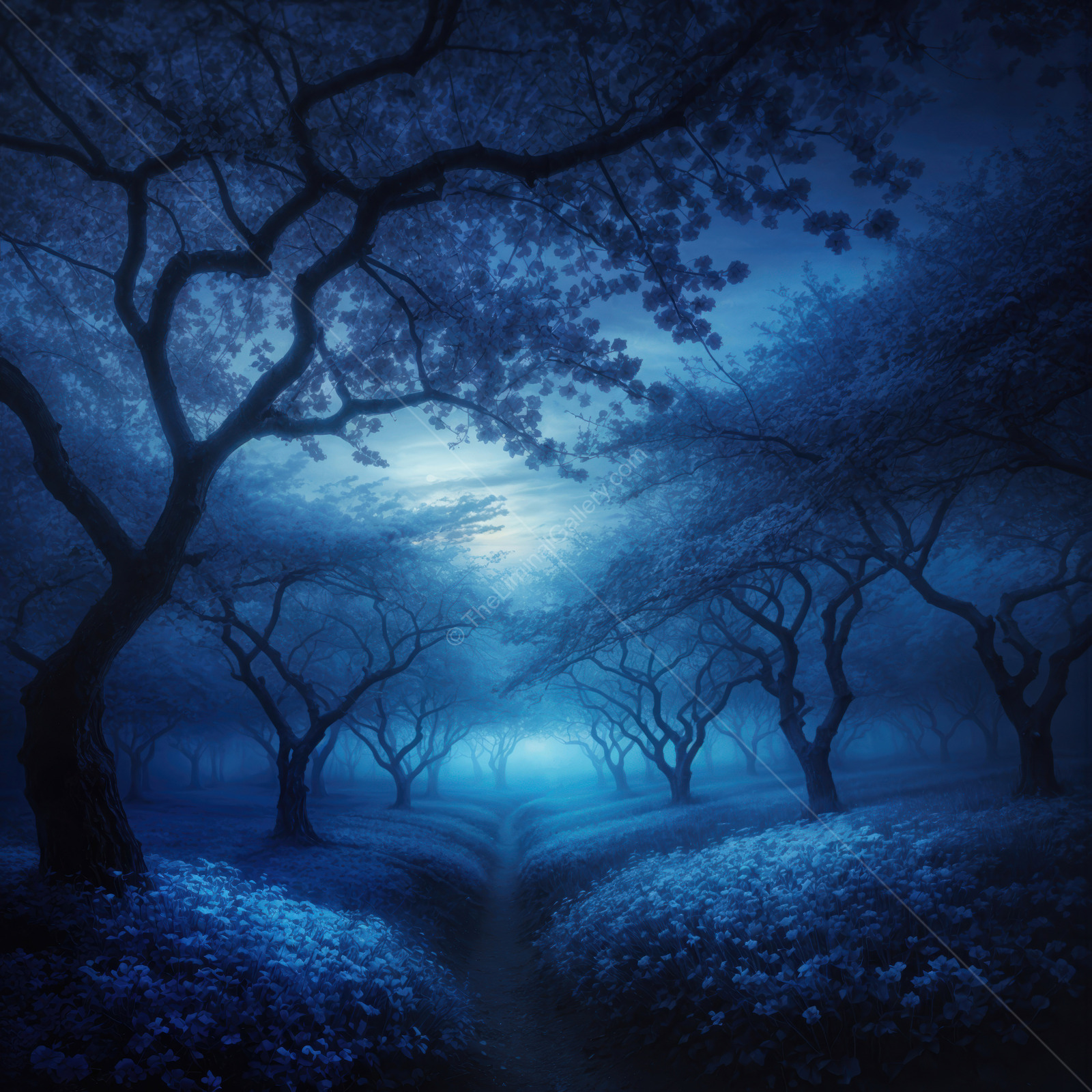 Mysterious blue forest awakening under a dreamy twilight sky in the liminal hours of the night