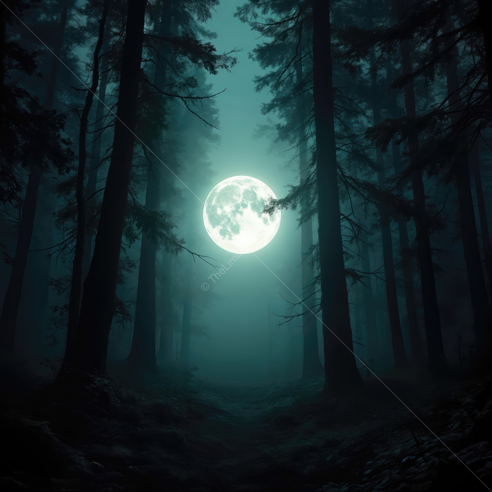 Eerie moonlight bathes a shadowy forest in blue hues as mist swirls around tall trees during a quiet night