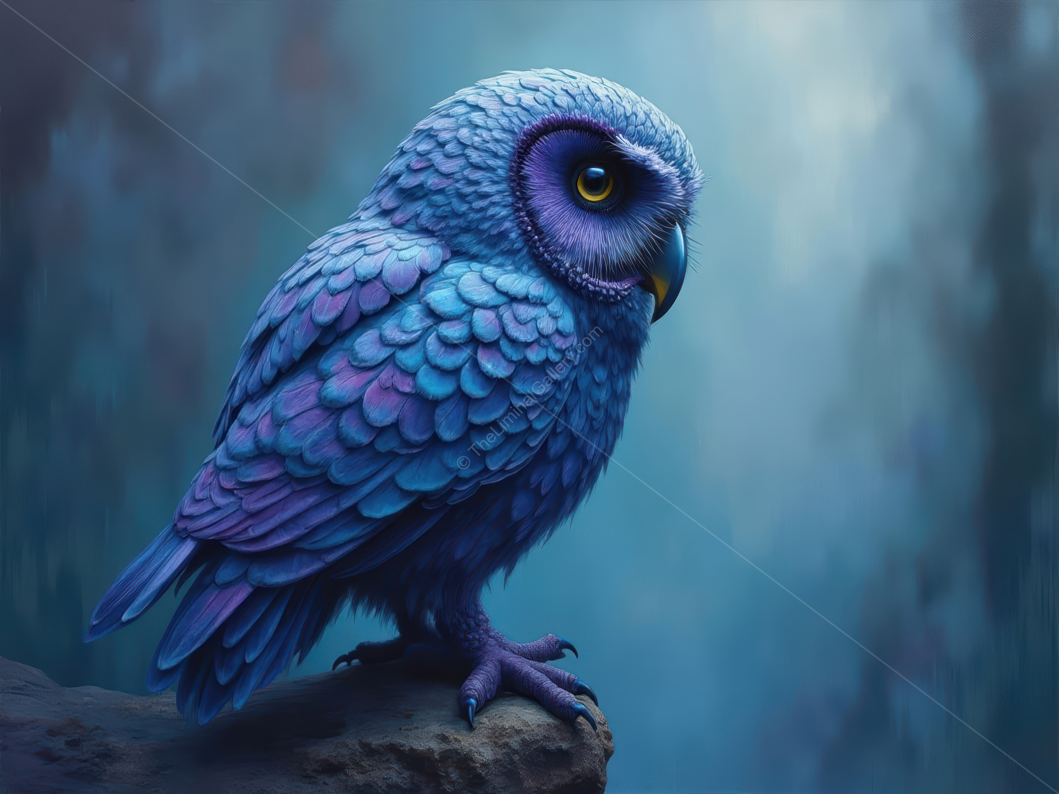 Mystical blue owl perched against a dreamy backdrop of ethereal fog and soft light