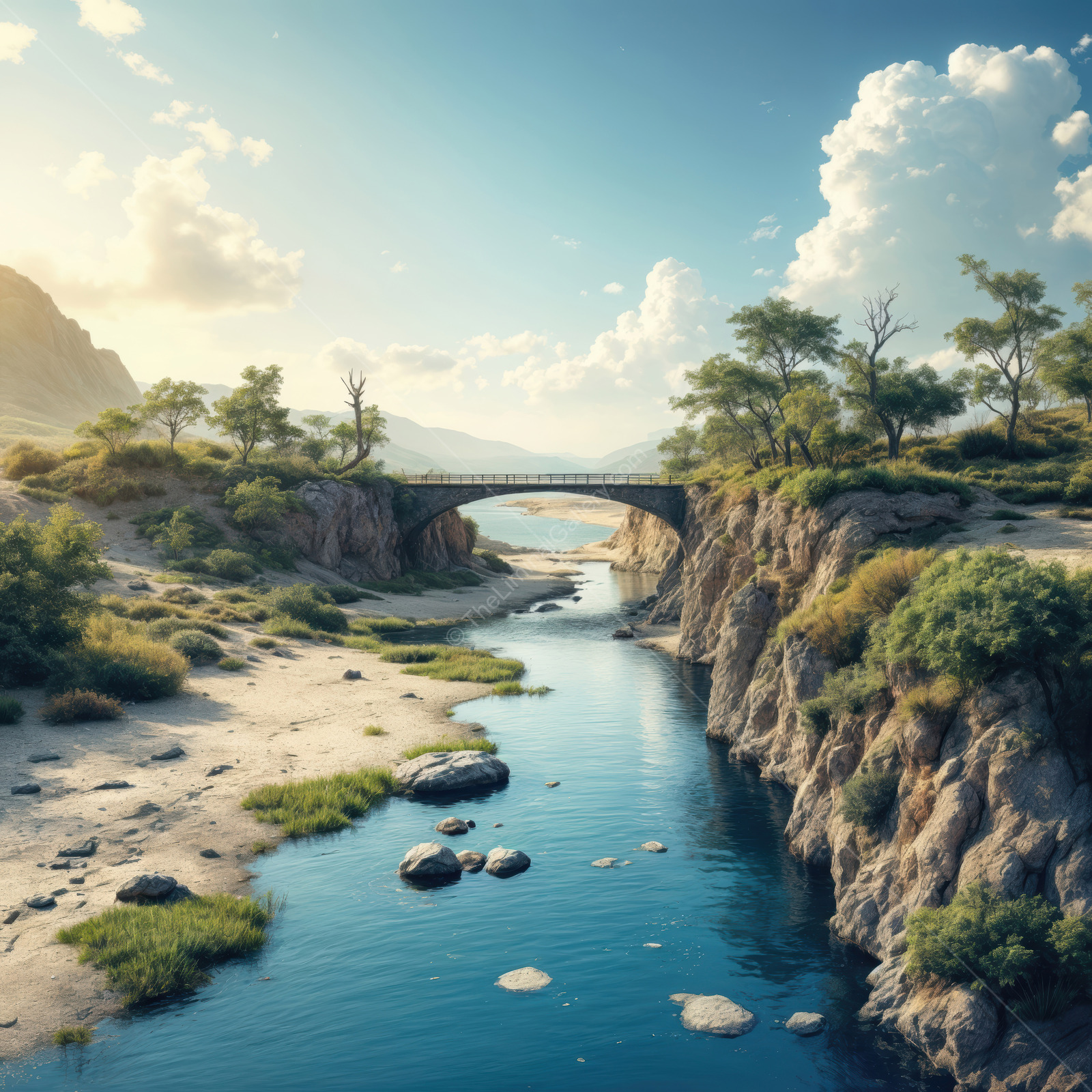Exploring a tranquil riverside landscape featuring a charming bridge beneath a bright sky