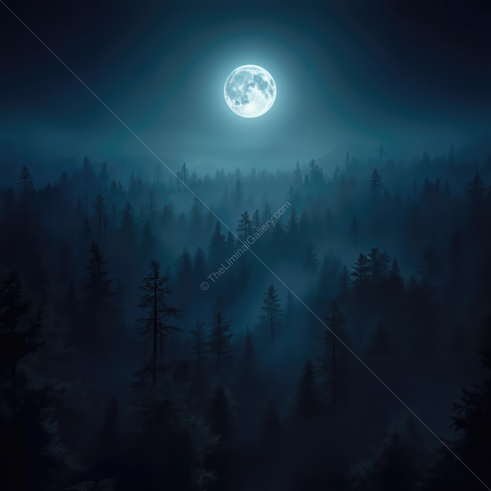 Mysterious night forest illuminated by bright full moon casting enchanting shadows