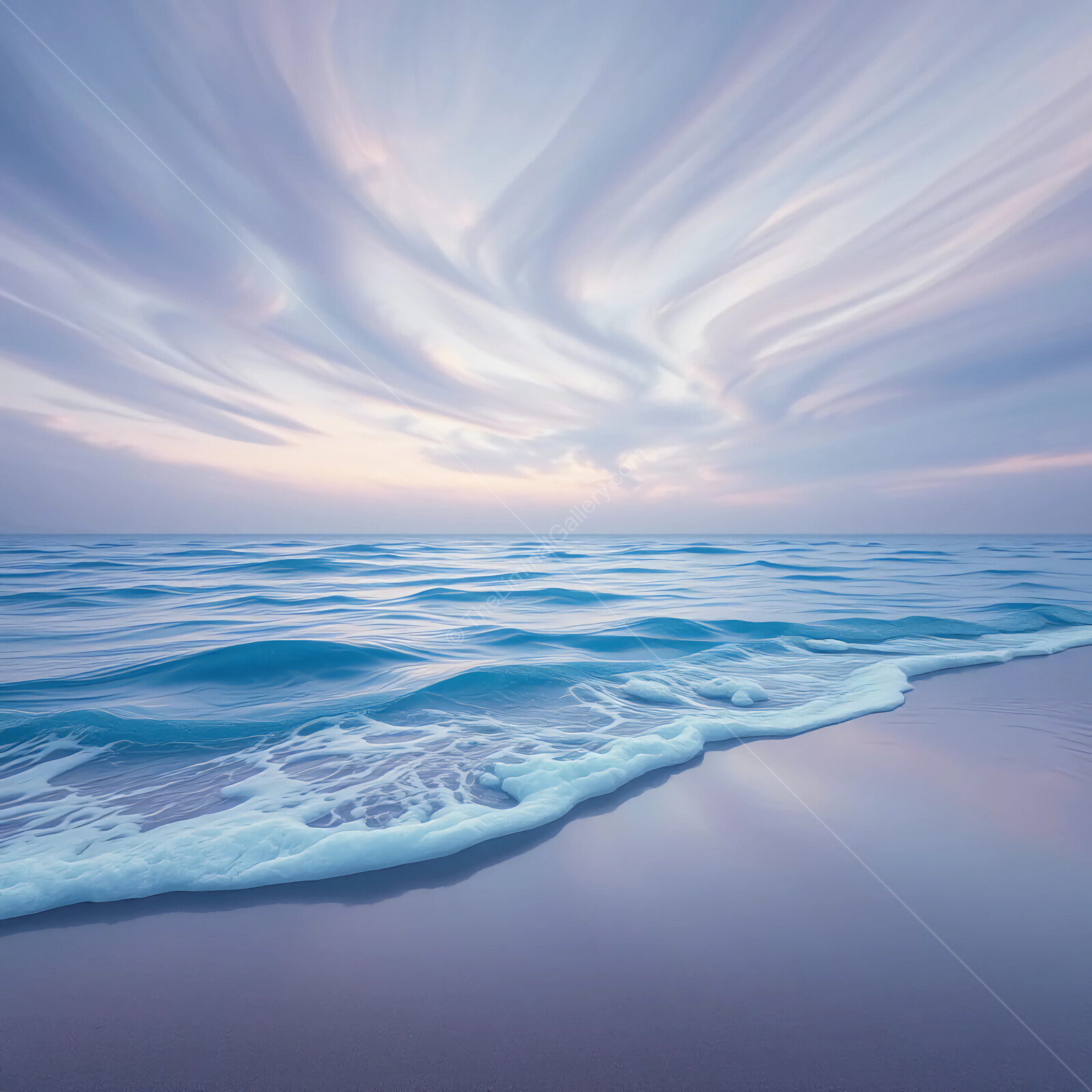 Calm waves lap gently against the liminal shore under a dreamy twilight sky in a coastal paradise
