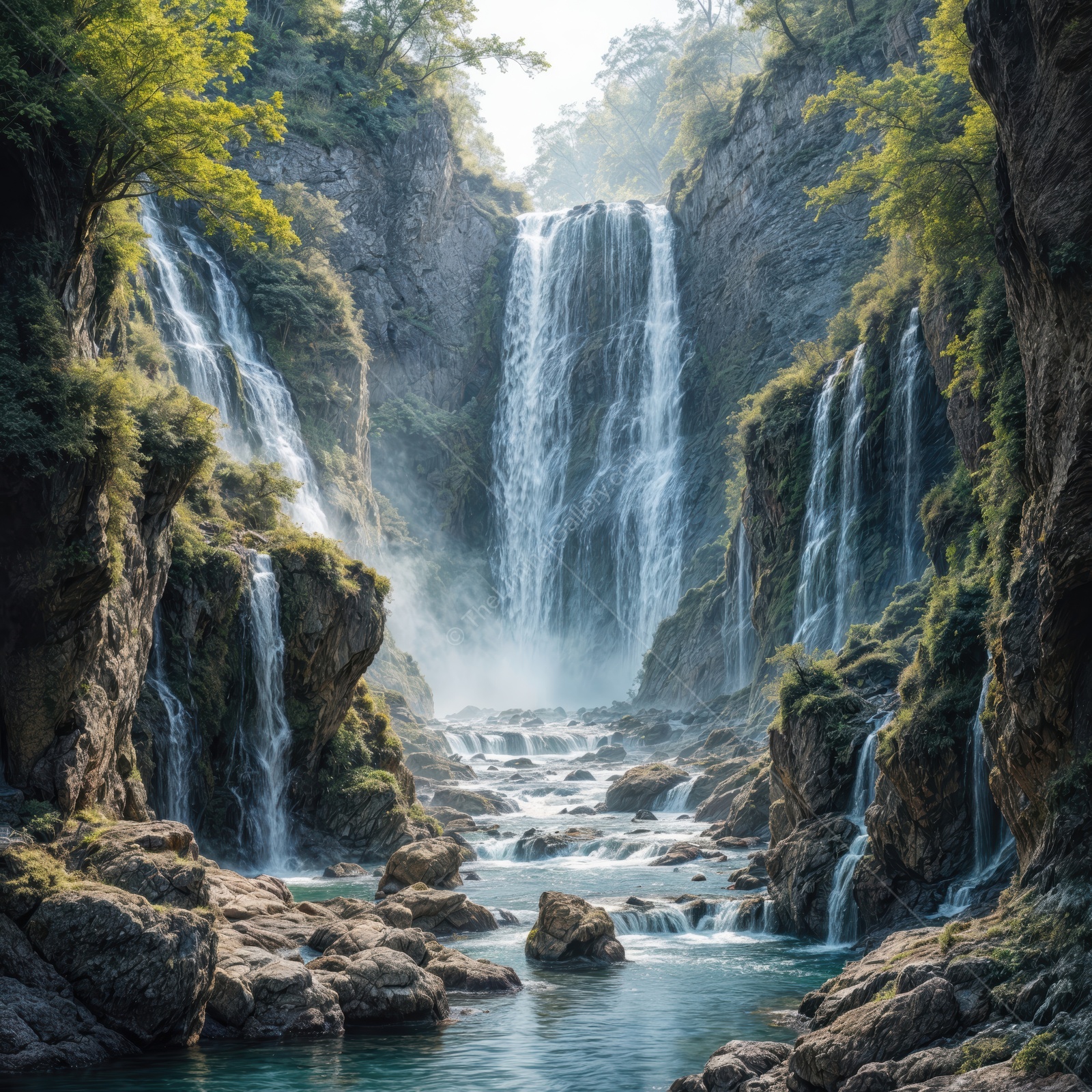 Majestic waterfalls cascading through a serene canyon at dawn with mist enveloping the surroundings