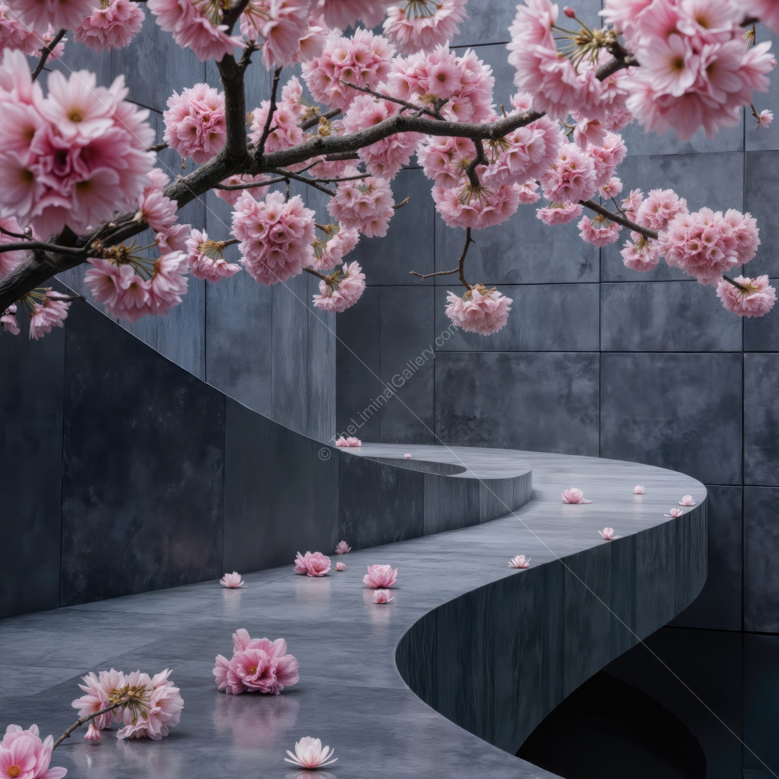 Serene curves of nature bloom softly in a tranquil liminal space adorned with cherry blossoms