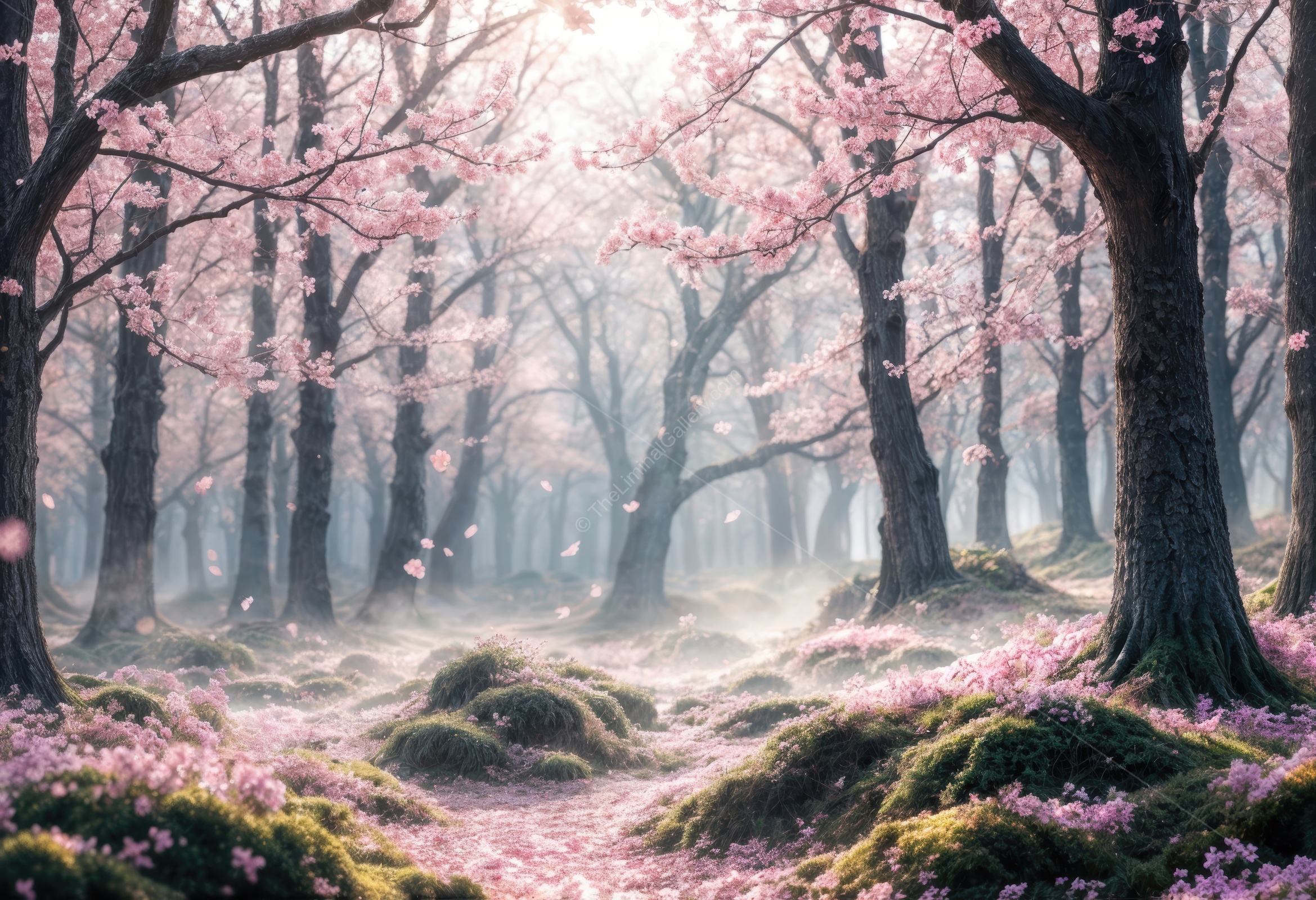 Whispers of spring in a tranquil cherry blossom forest at dawn