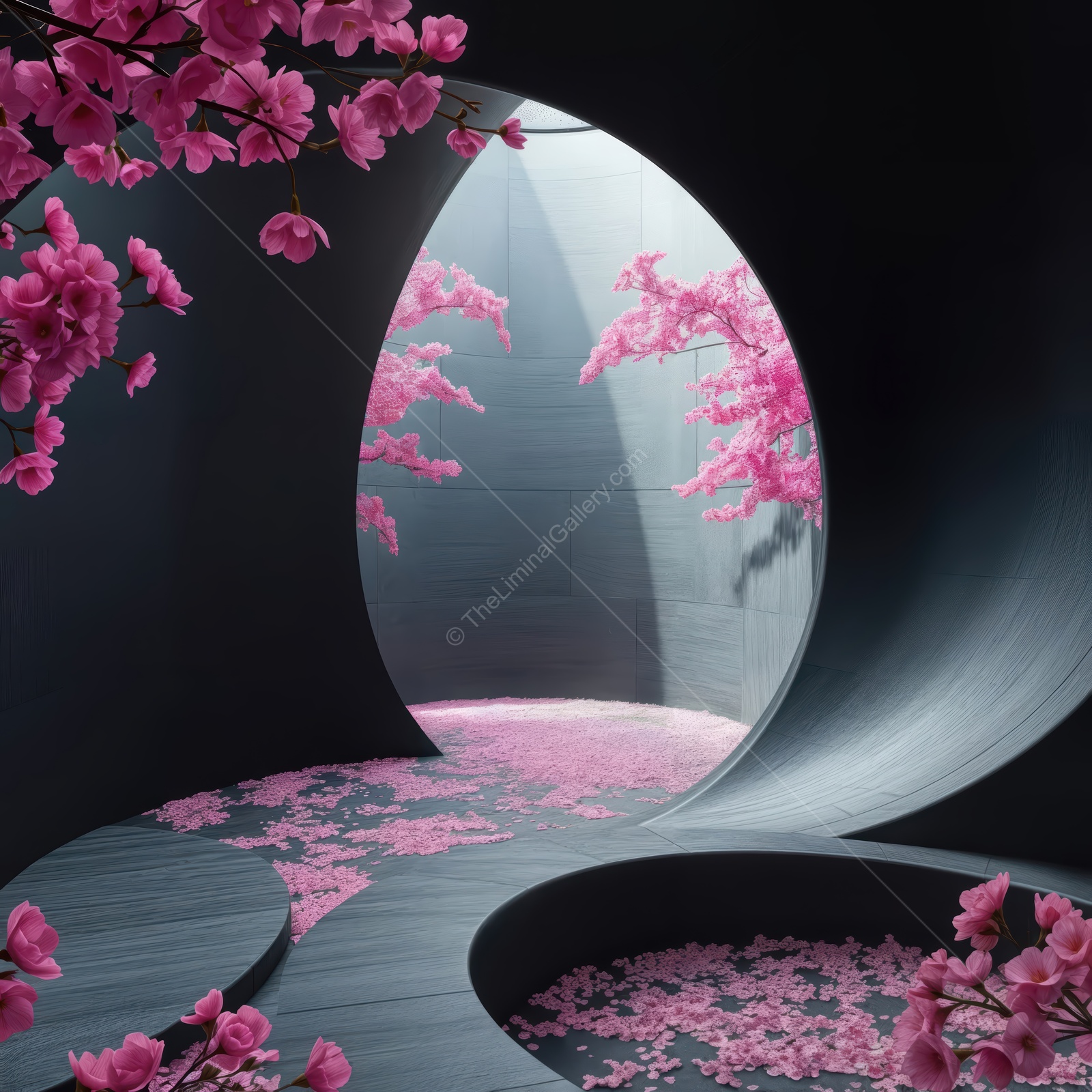 Enchanting cherry blossoms create a serene pathway in a mystical space filled with soft light