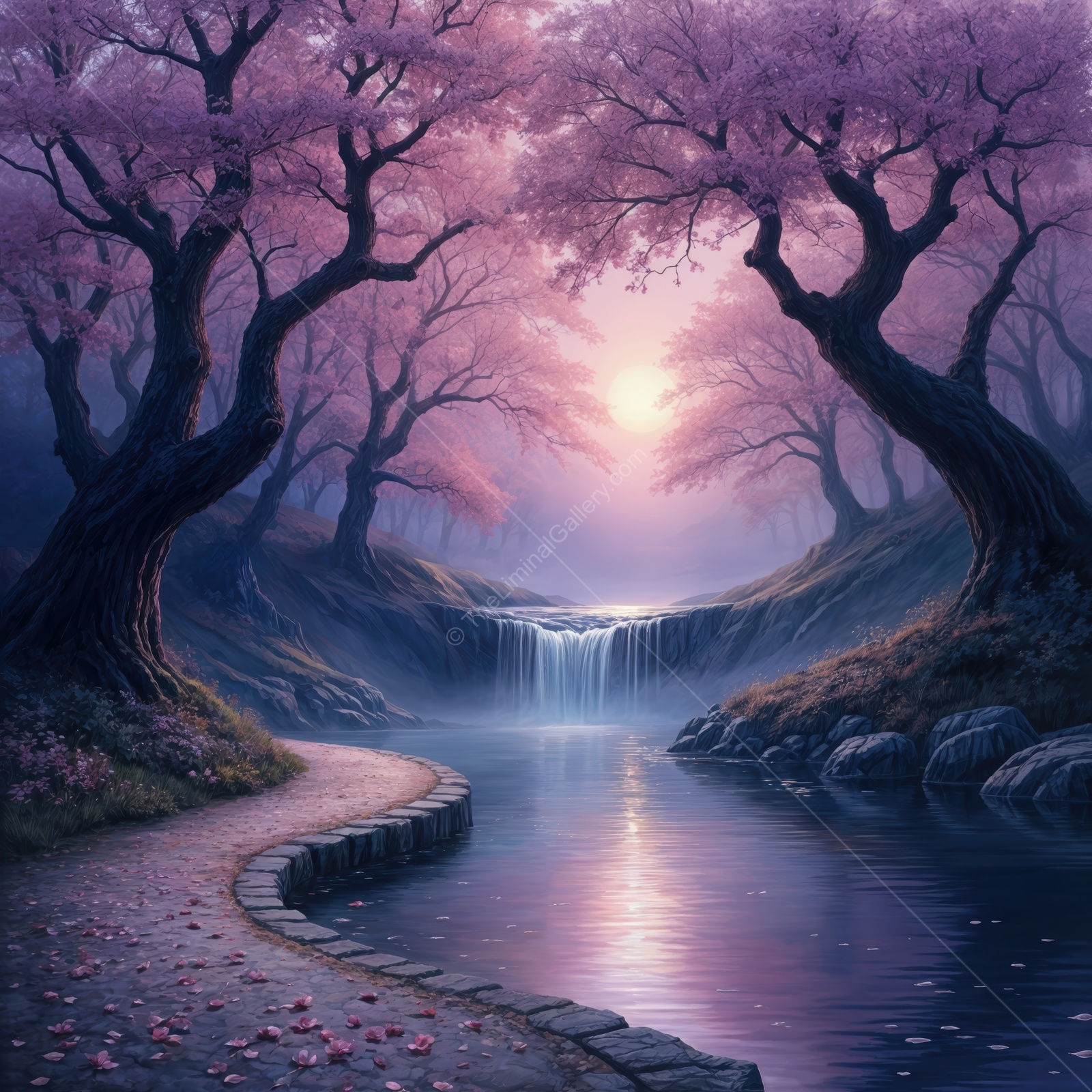 Ethereal twilight in a serene liminal landscape with blooming cherry blossom trees