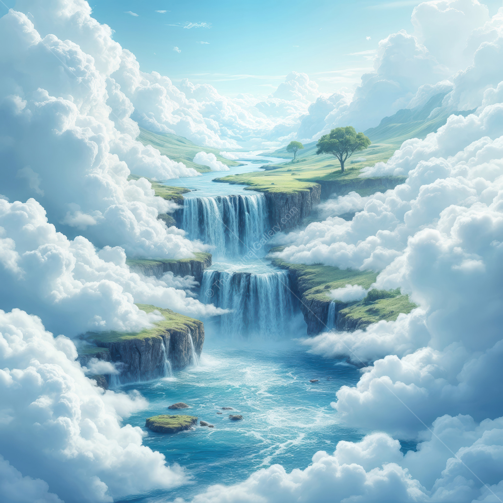 Dreamlike waterfalls cascade through fluffy clouds and peaceful valleys under a bright blue sky