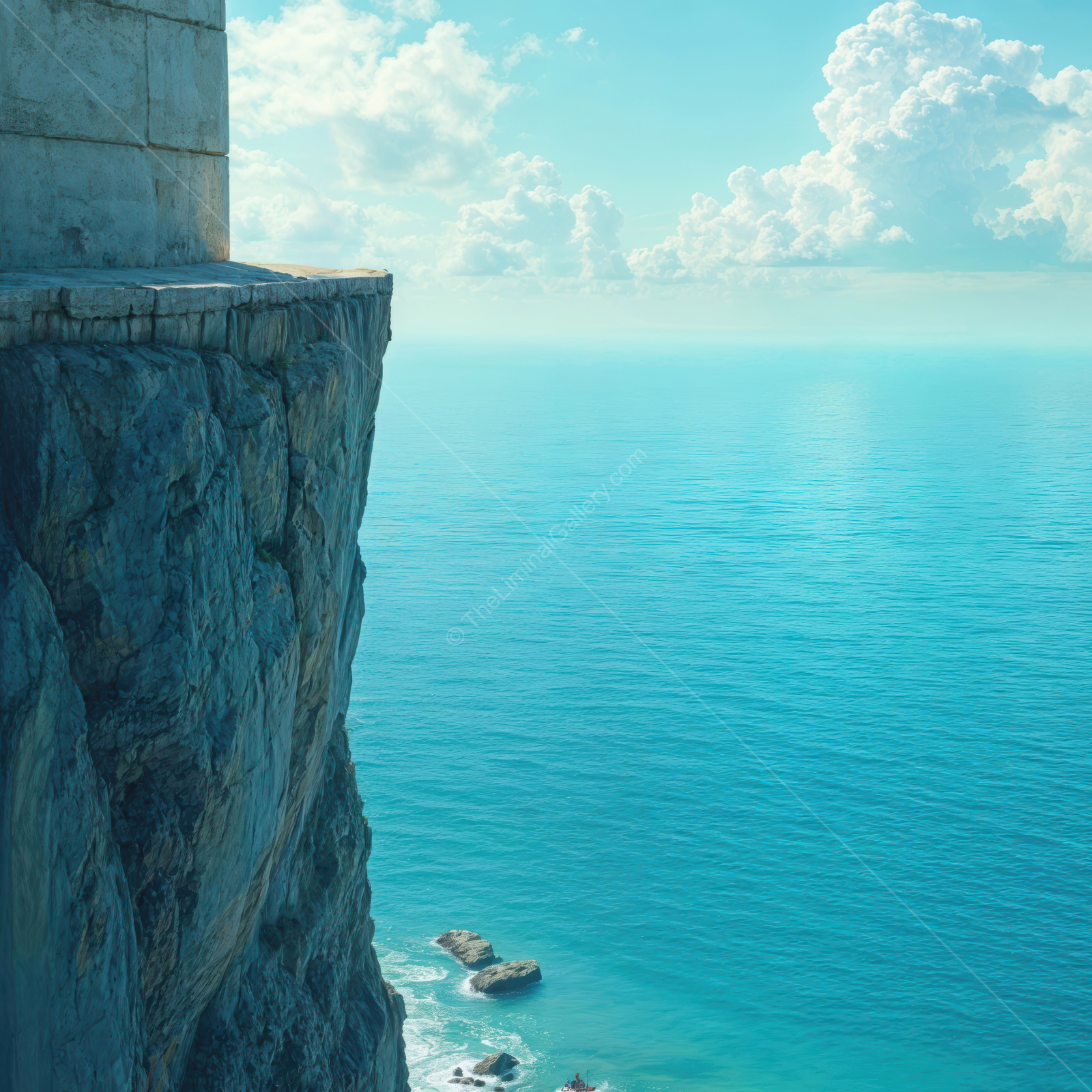 Endless blue horizons meet rugged cliffs under a tranquil sky at dawn near the coast