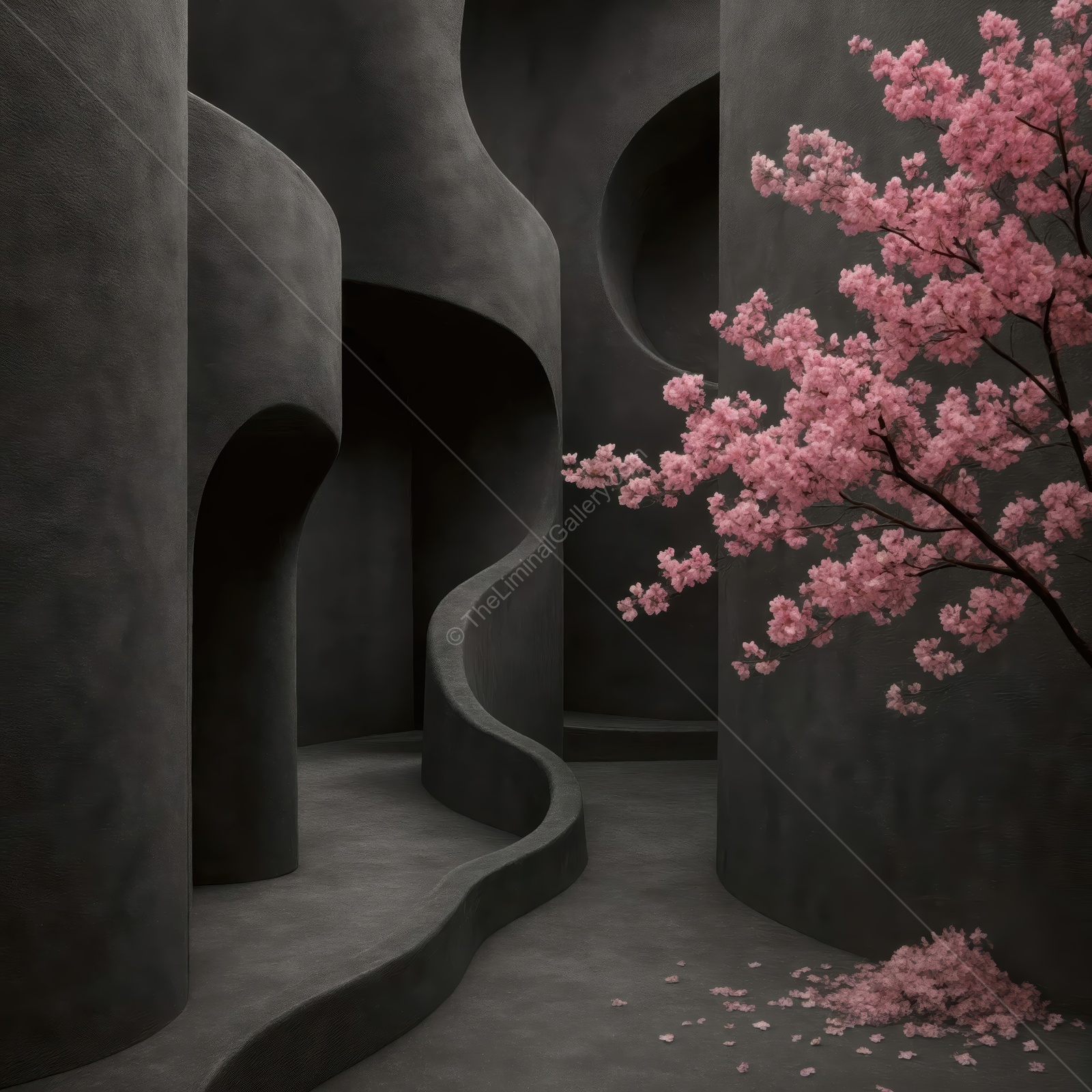 Serene pathways and blooming cherry blossoms create a tranquil moment in a liminal space