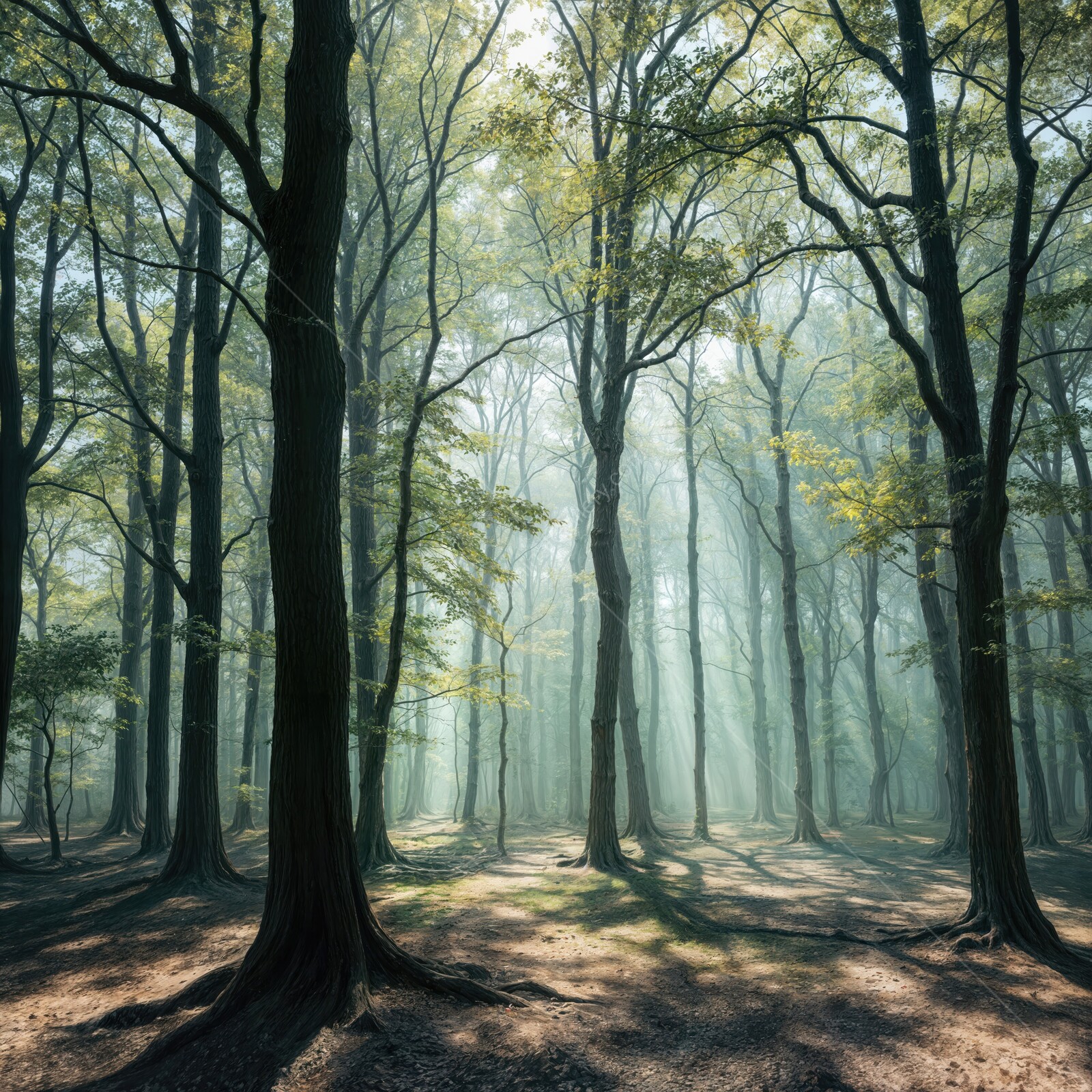 Mysterious liminal forest illuminated by dappled sunlight filtering through the trees