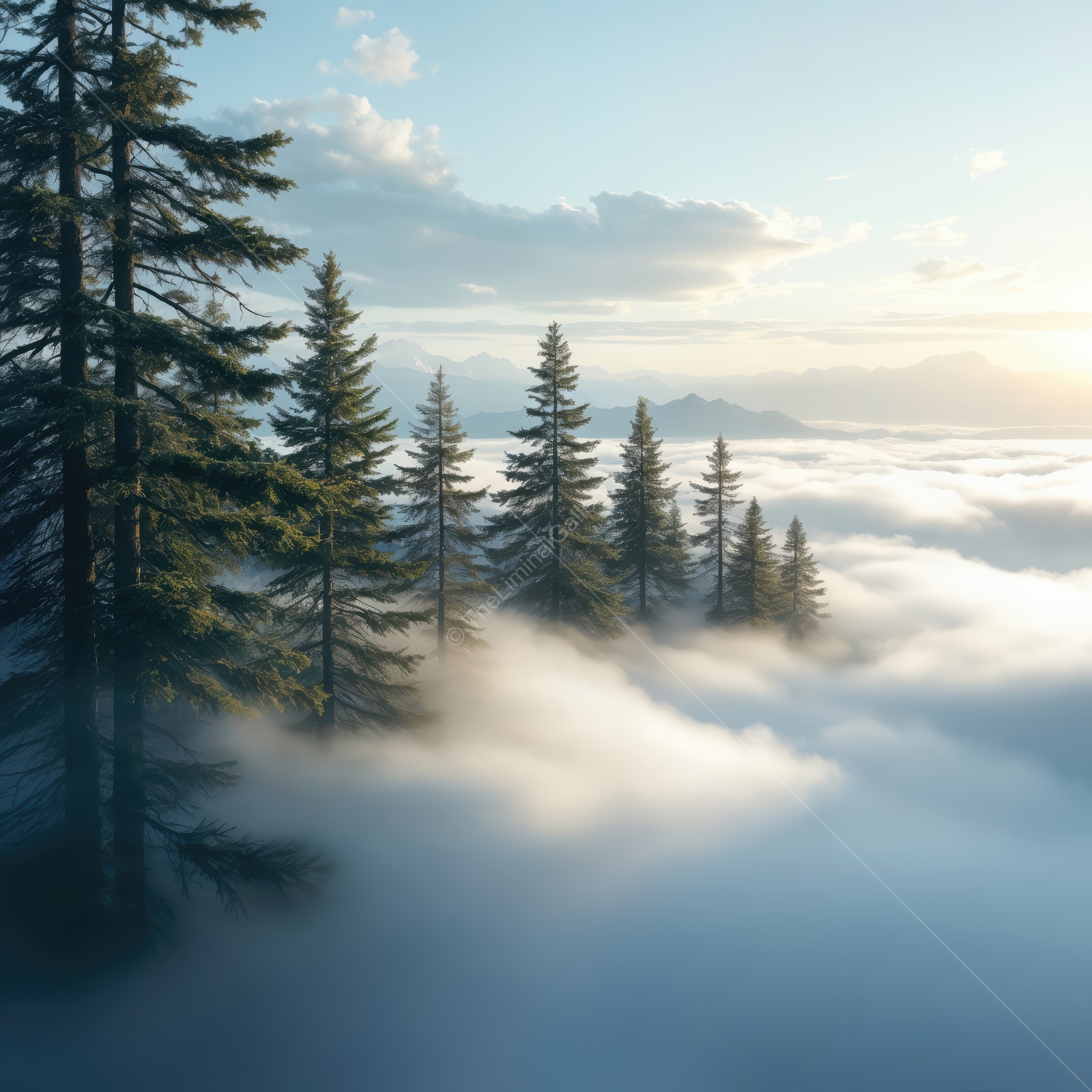 Misty dawn reveals tranquil pine trees rising above the clouds in a breathtaking liminal landscape