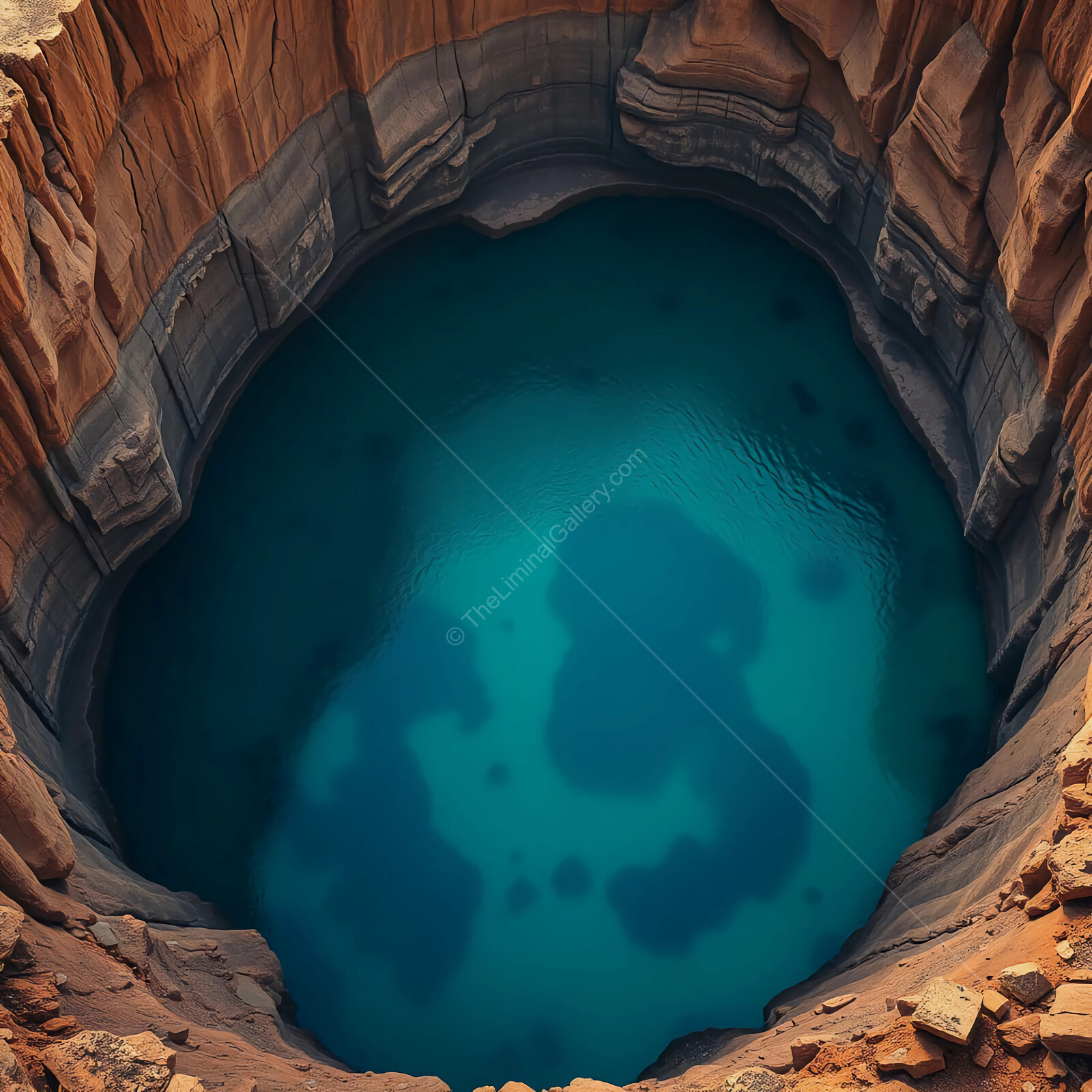 Deep blue waters glisten in remote canyon surrounded by rugged cliffs during golden hour magic