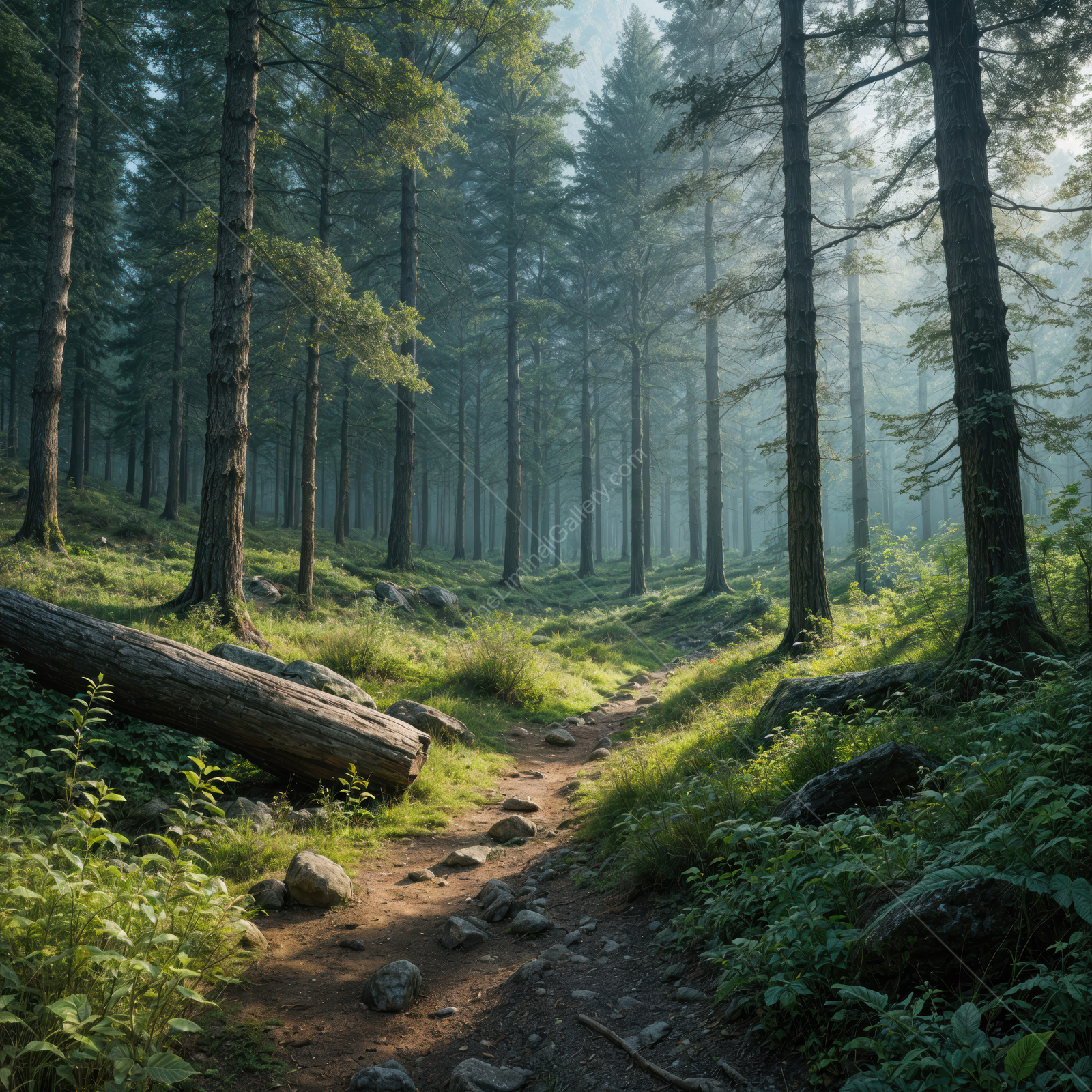 Hidden pathways reveal the enchanting beauty of a misty forest during early morning light