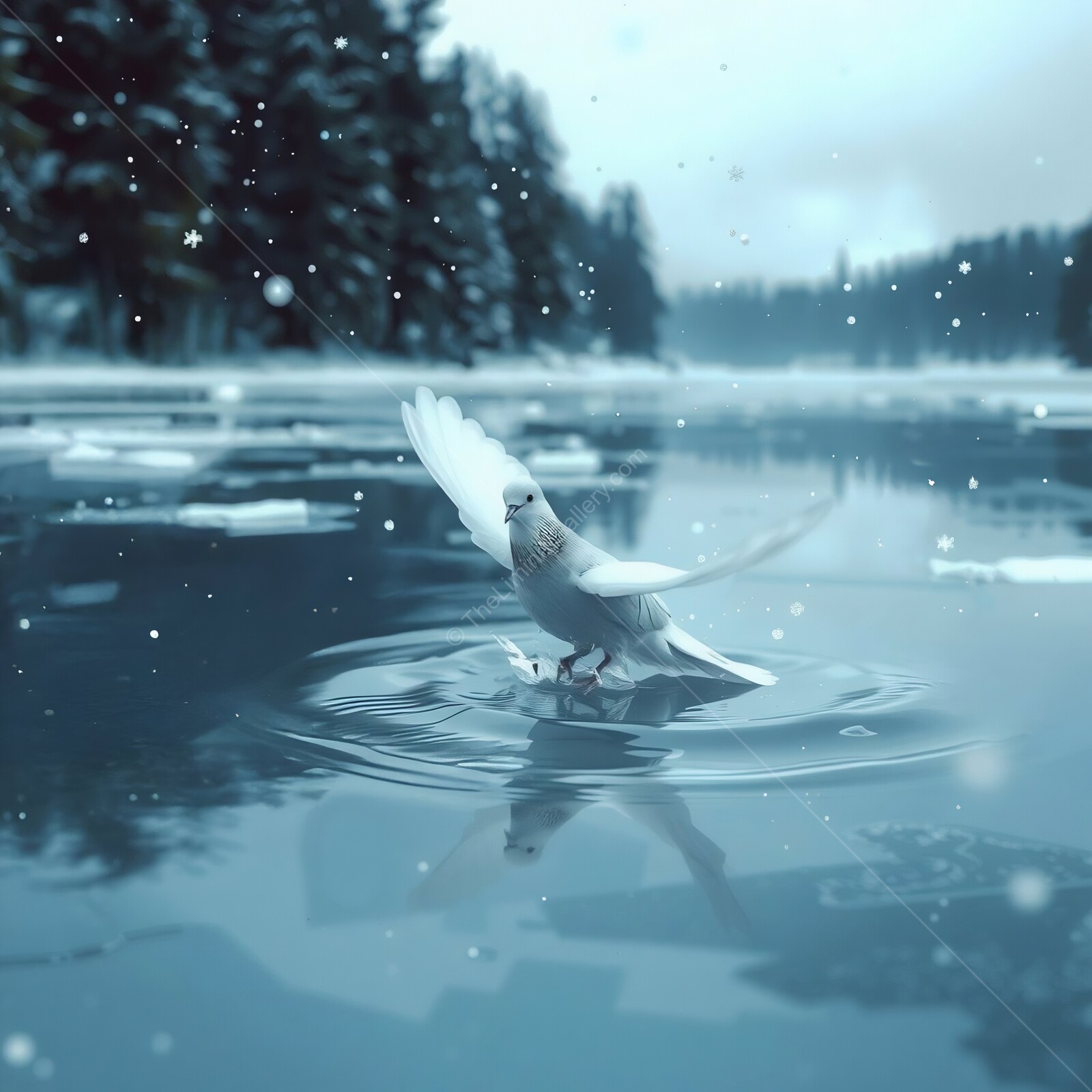 Snowy winter scene with a graceful bird splashing in serene icy waters