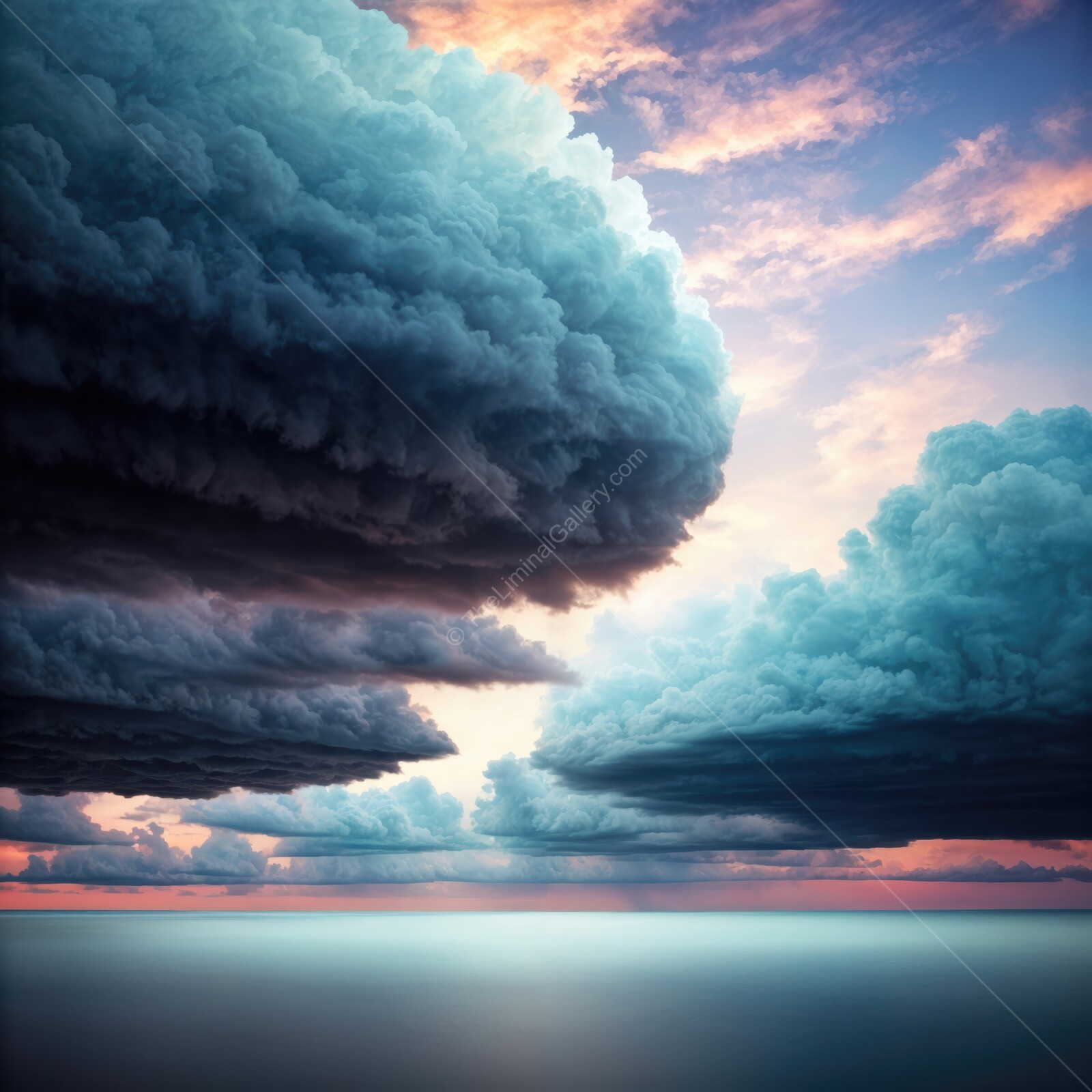 Dramatic clouds gather over the horizon as sunset paints the sky in soft hues