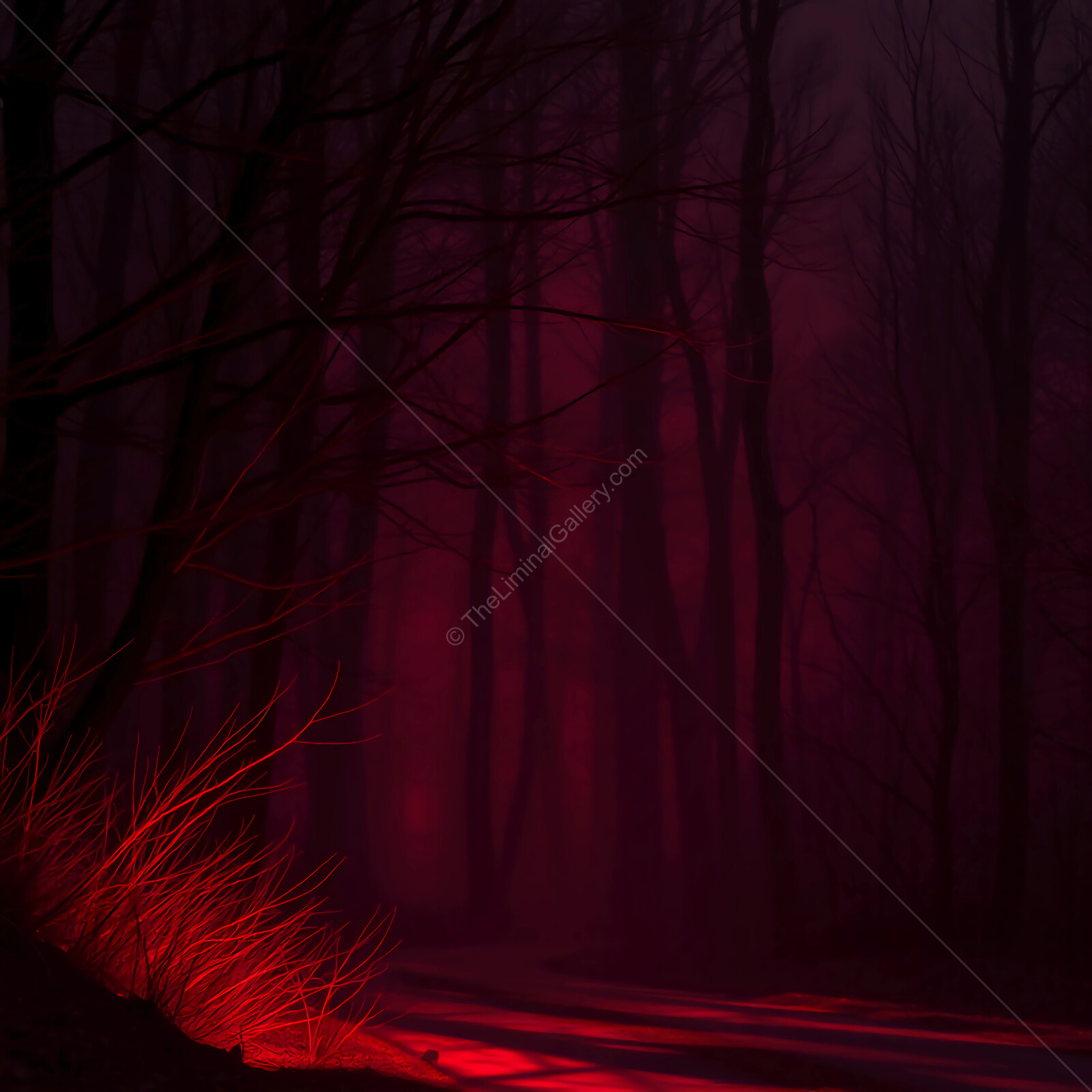 Eerie mist envelops a dark forest with crimson hues during twilight