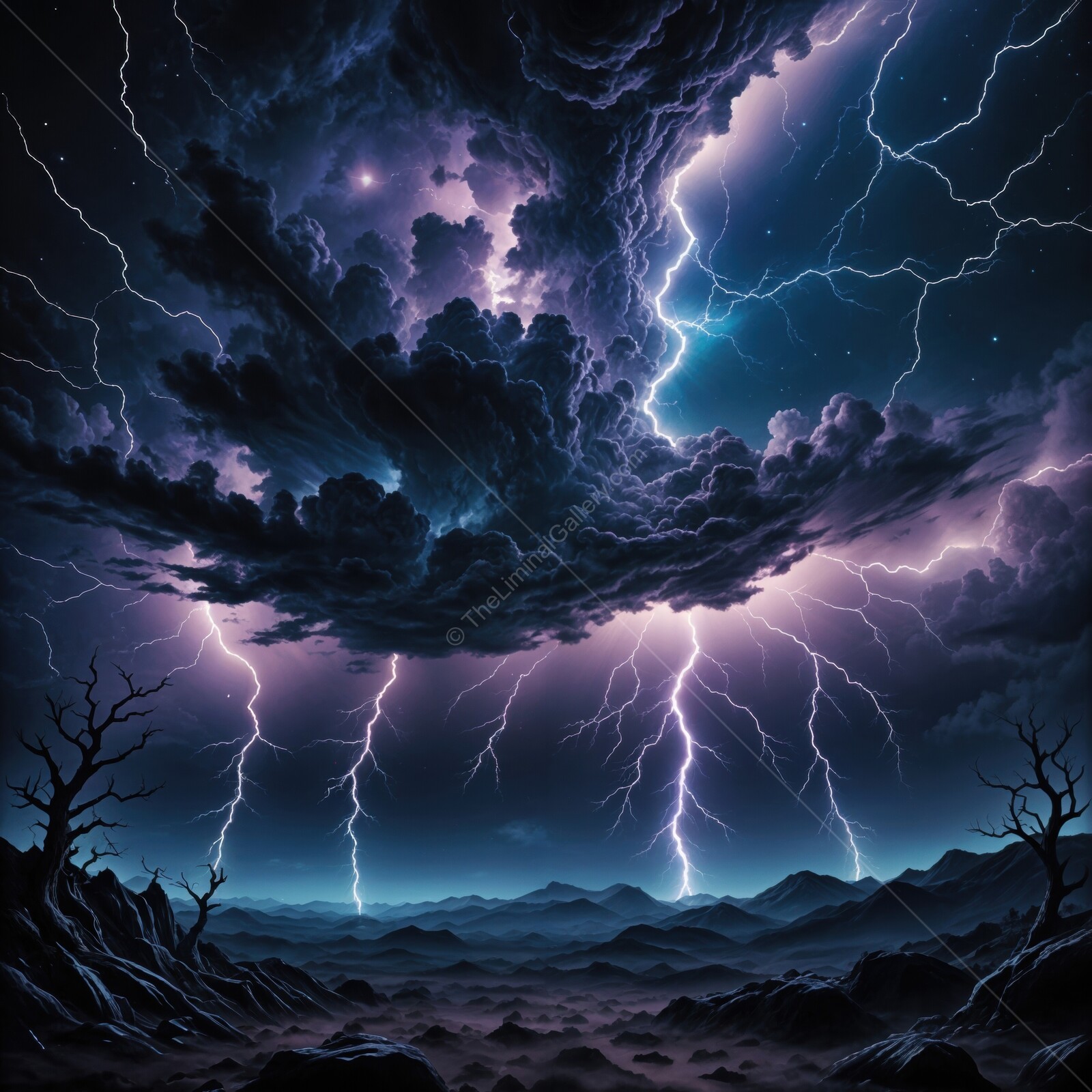 Electric storm illuminates a dark desert landscape at twilight