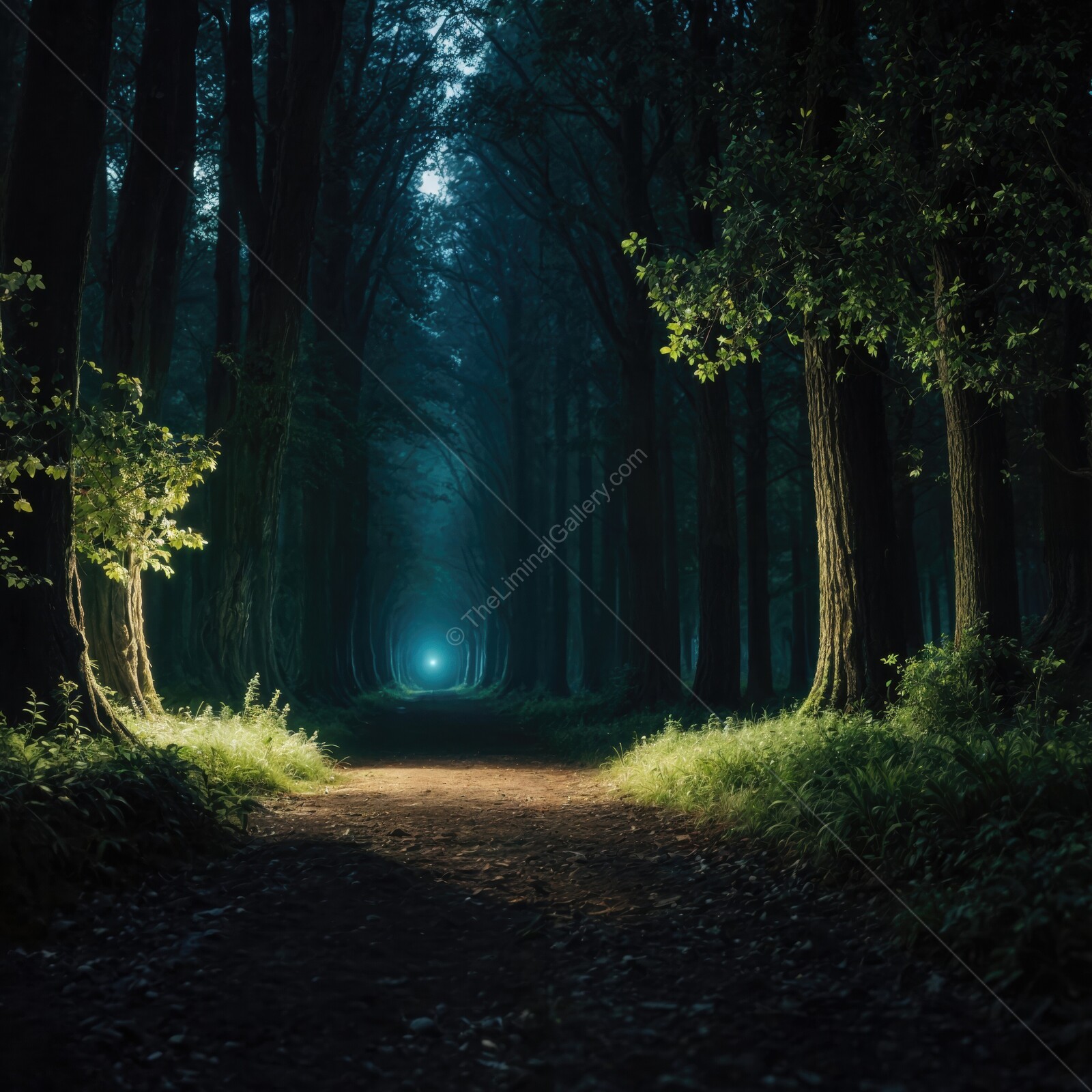 Enchanted liminal forest pathway illuminated by a mysterious blue light during twilight hours