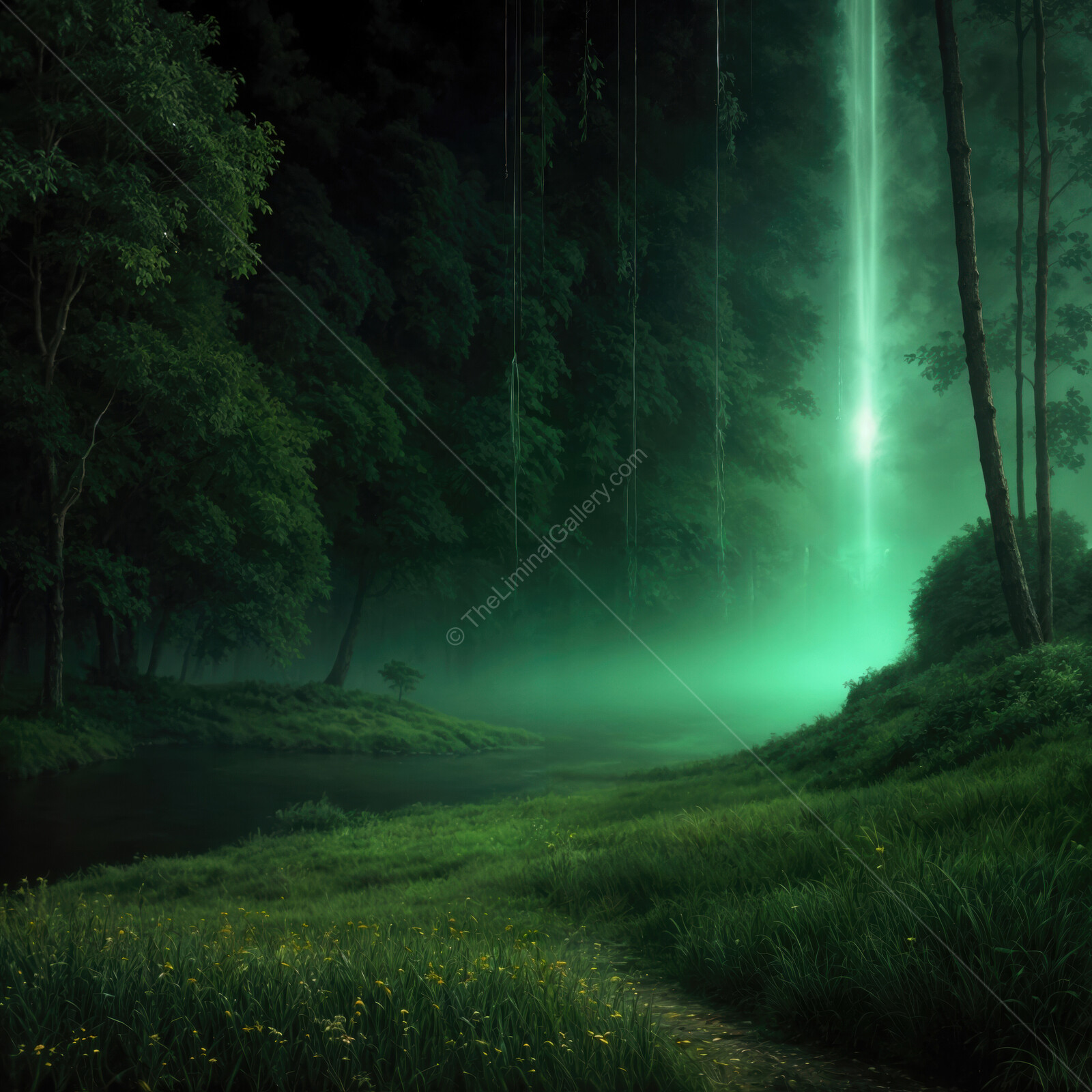 Whispers of an enchanted liminal forest illuminated by a mystical waterfall at dusk