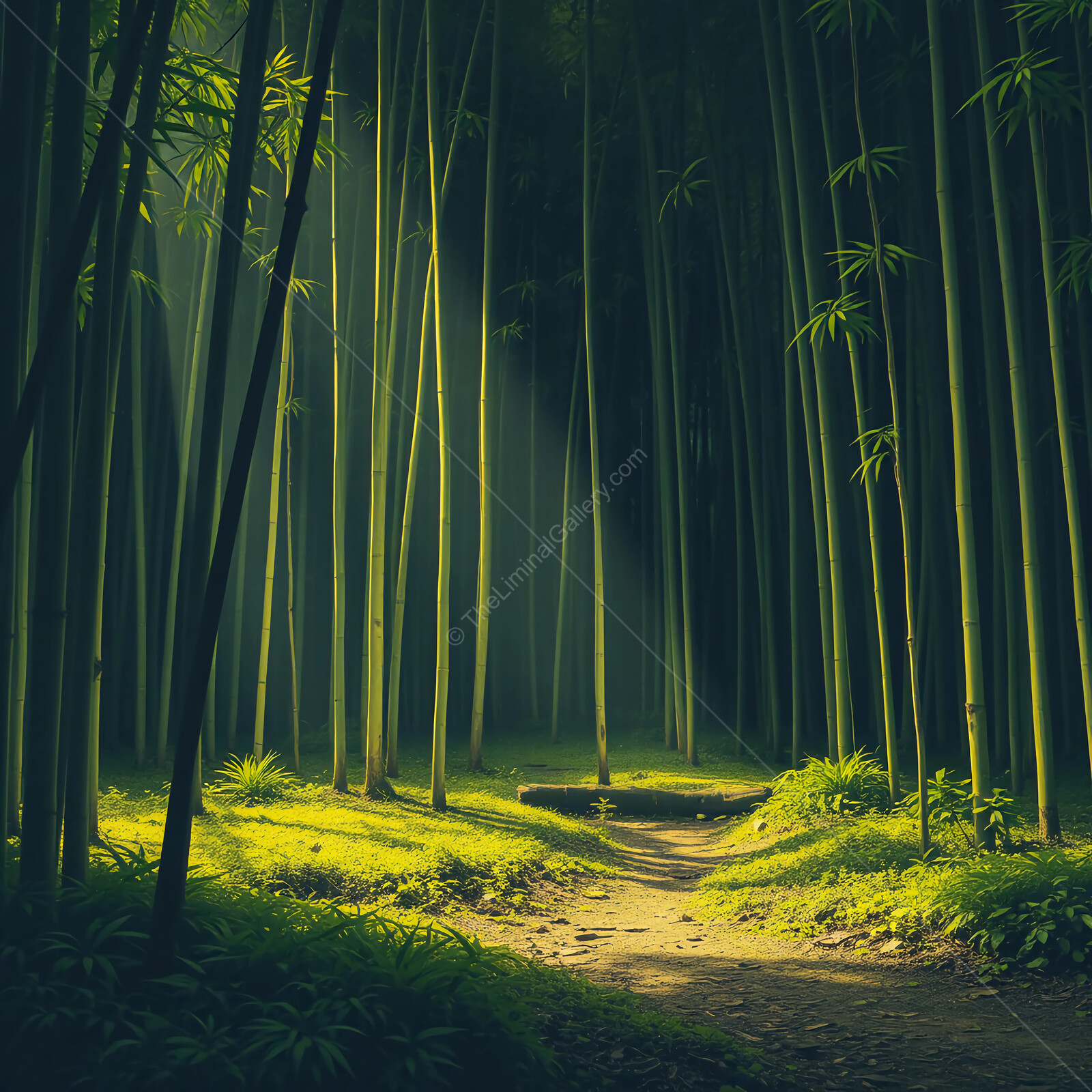 Enchanting liminal bamboo forest inviting exploration under dappled sunlight