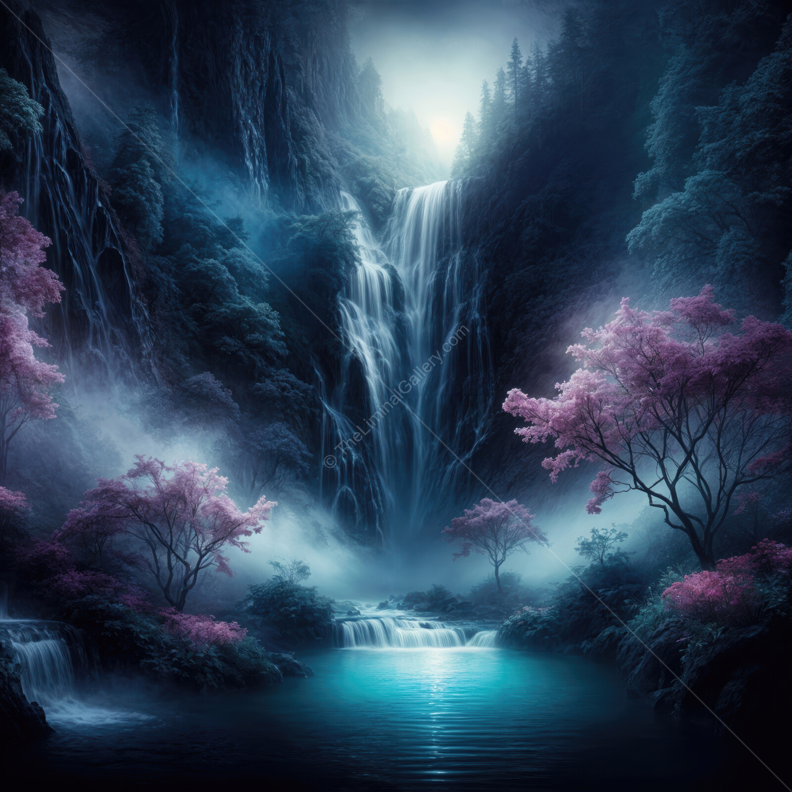 Enchanting liminal waterfall cascades through a mystical forest under a moonlit sky