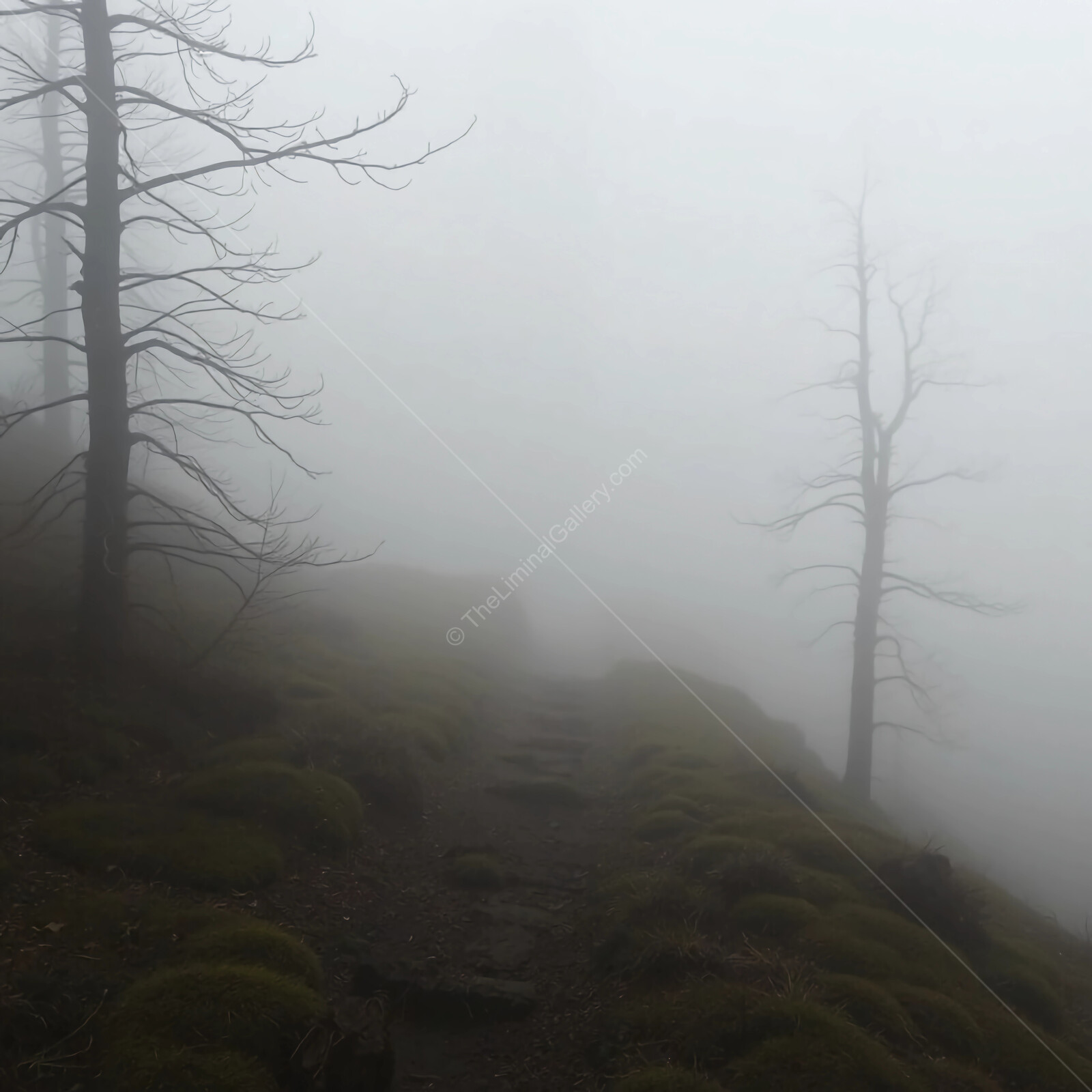 Enigmatic fog envelops a winding forest trail on a quiet autumn morning in nature's embrace