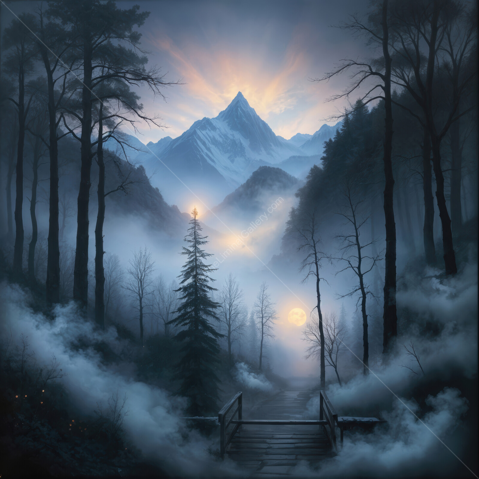 Enigmatic twilight envelops the misty mountains and tranquil liminal forest landscape at dusk