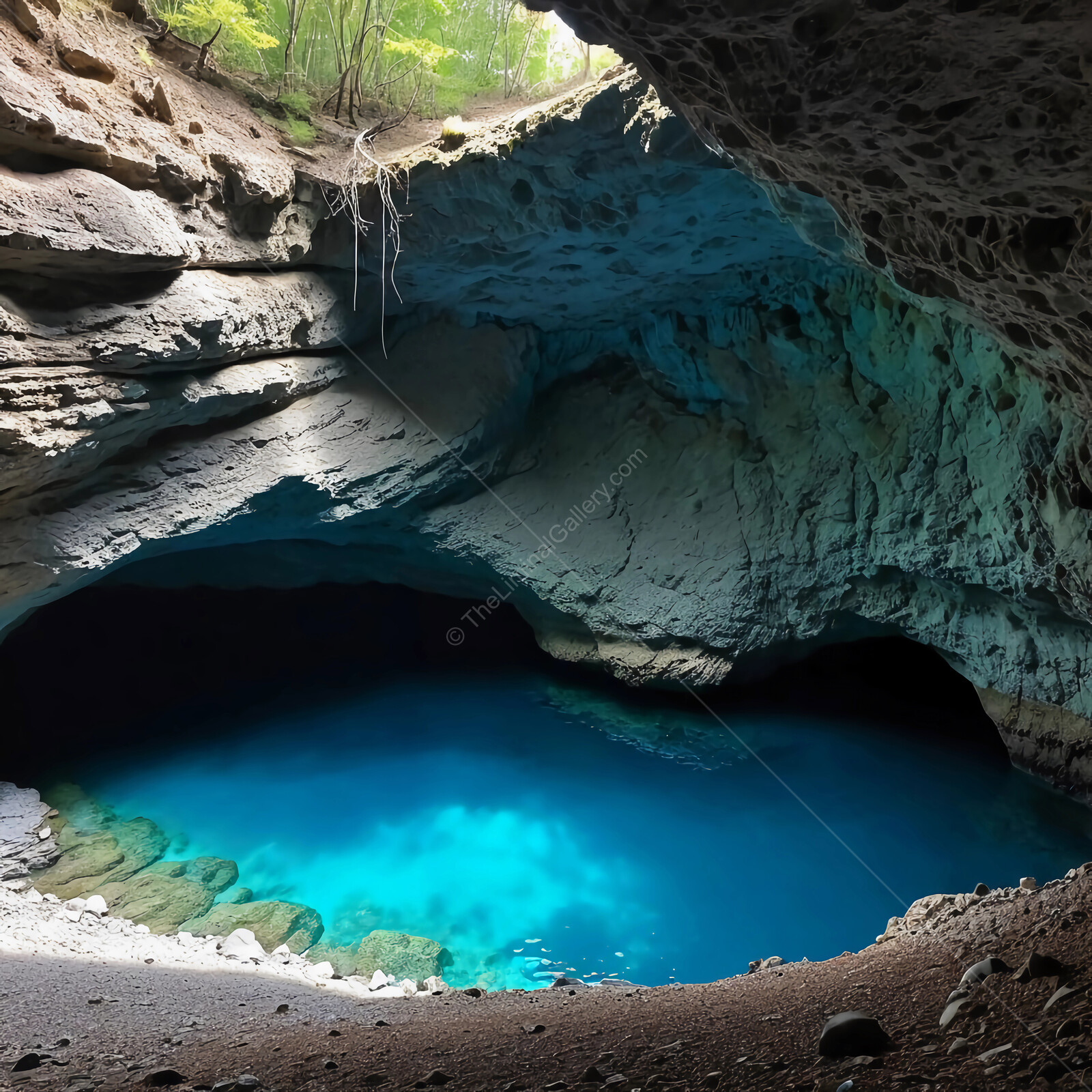 Exploring the serene beauty of an underground cave with a tranquil blue pool