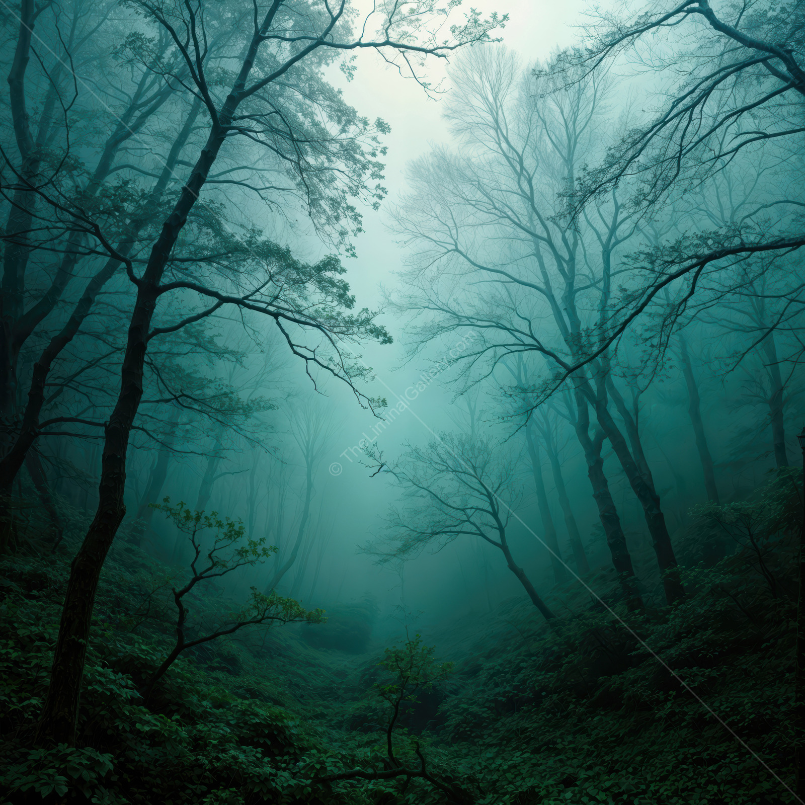 Mysterious woods shrouded in fog evoke a surreal liminal space at dawn