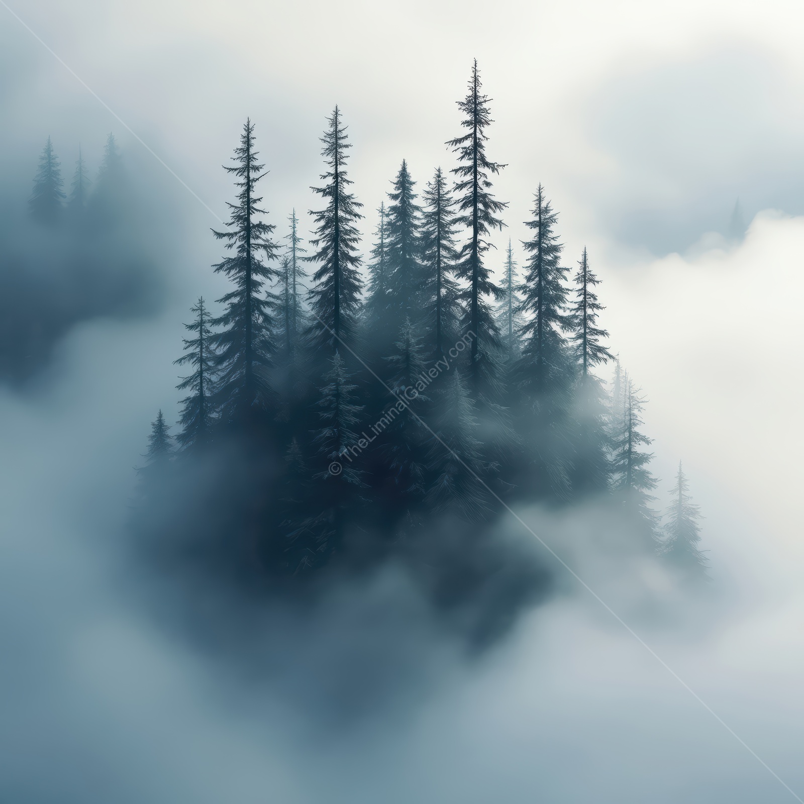 Misty forest landscape enveloped by ethereal fog creates a dreamlike ambiance at dawn