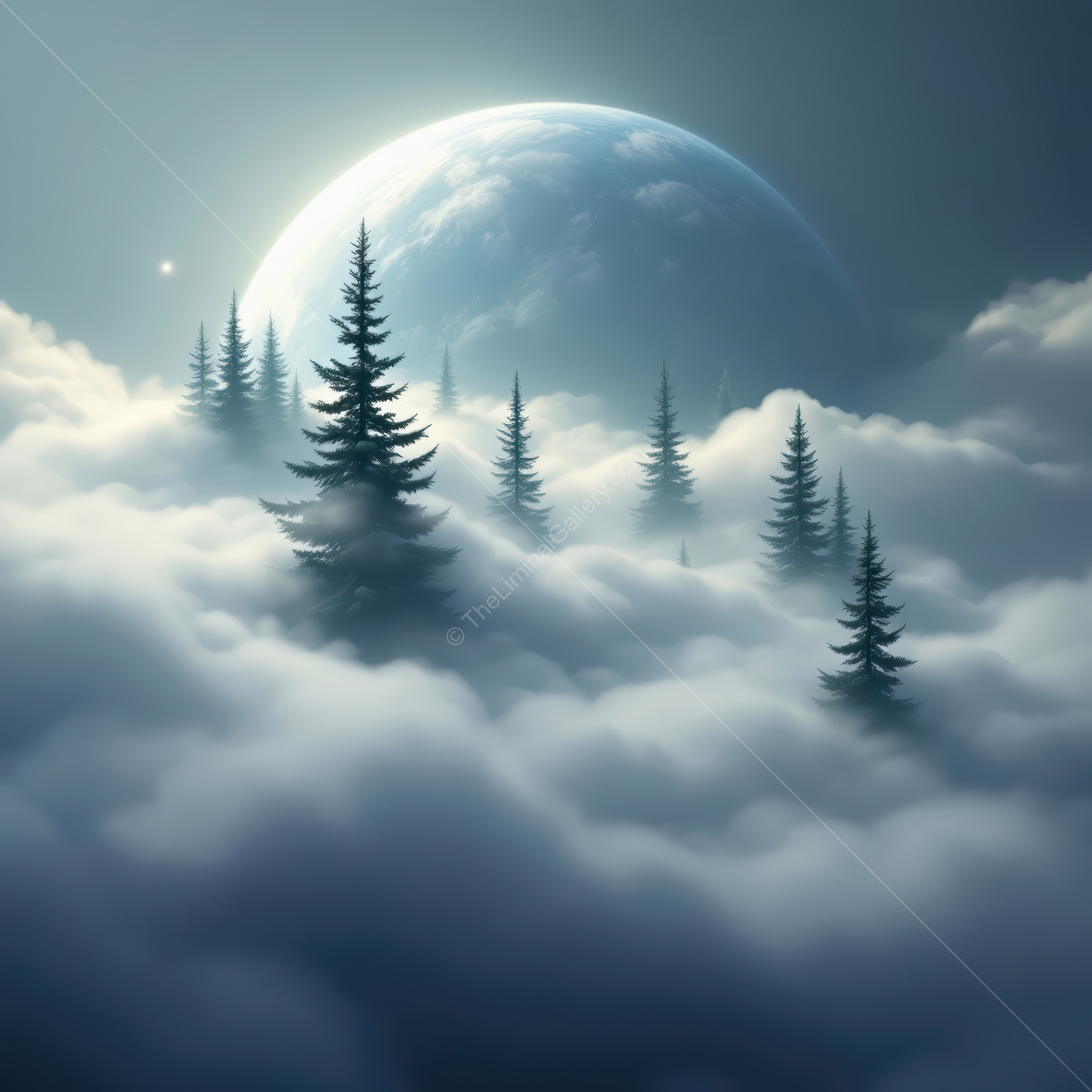 Liminal forests emerge through a blanket of fog under a mystical moonlight glow