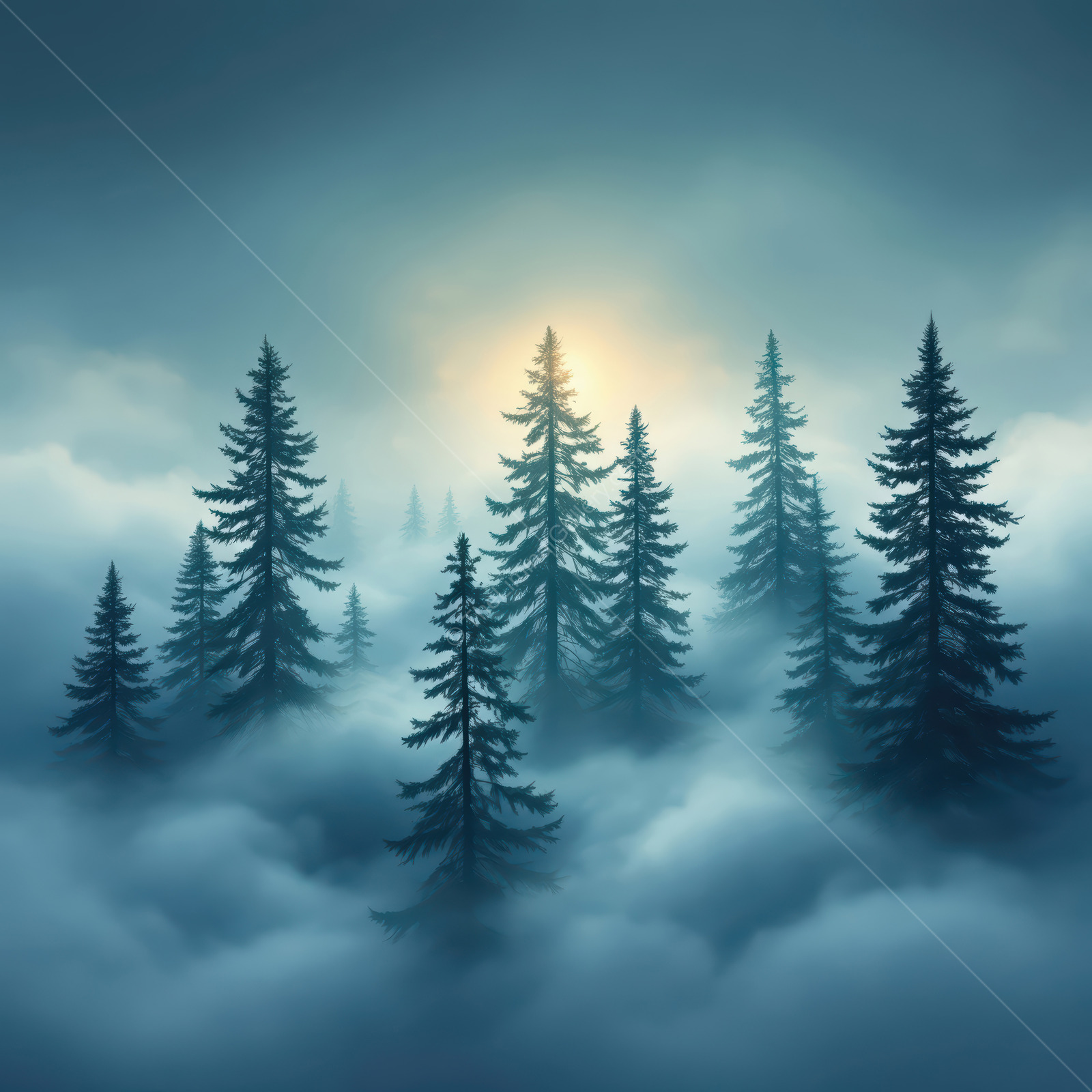Ethereal forest shrouded in mist with tall trees basking in golden sunlight