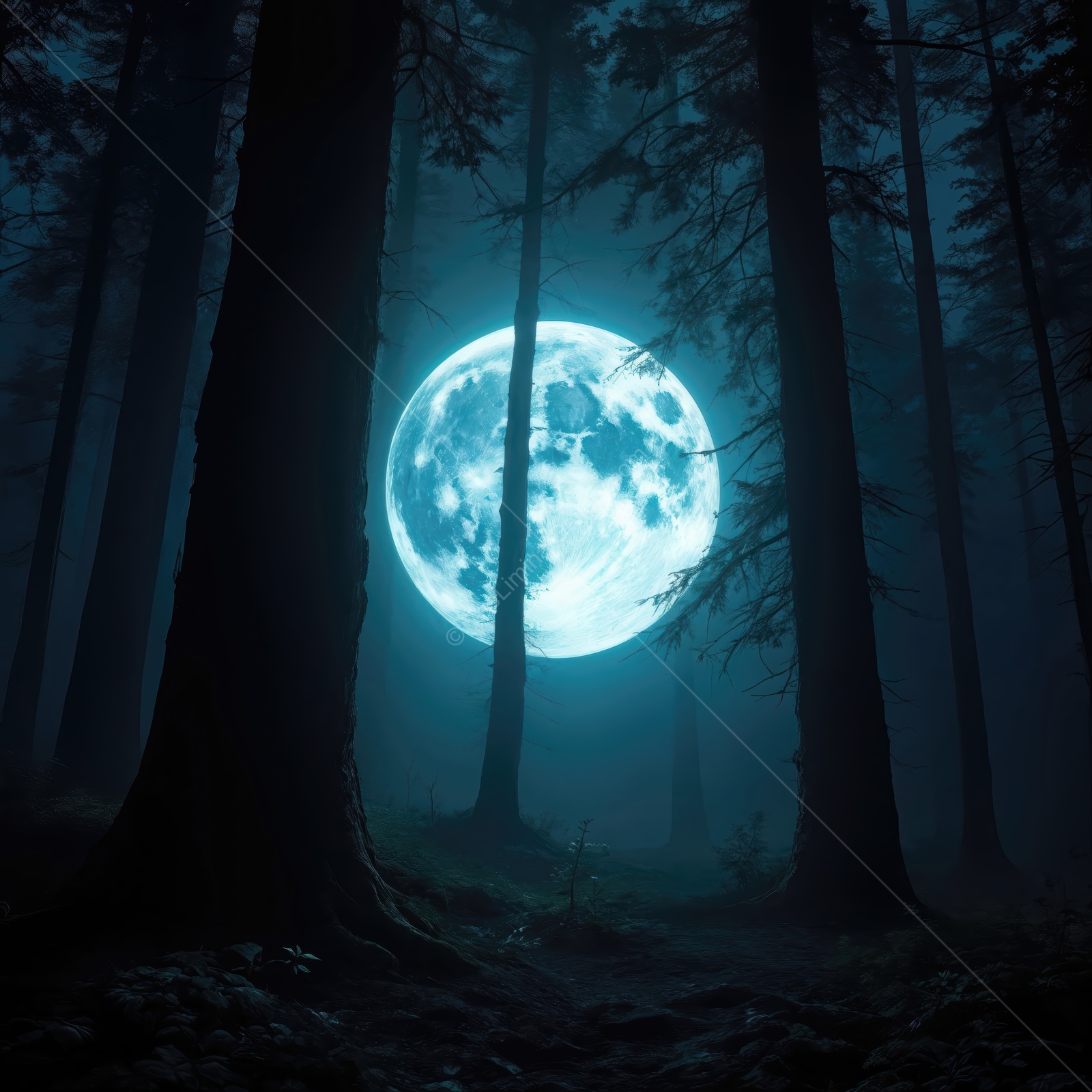 Mystical night in a dense forest illuminated by a glowing moon
