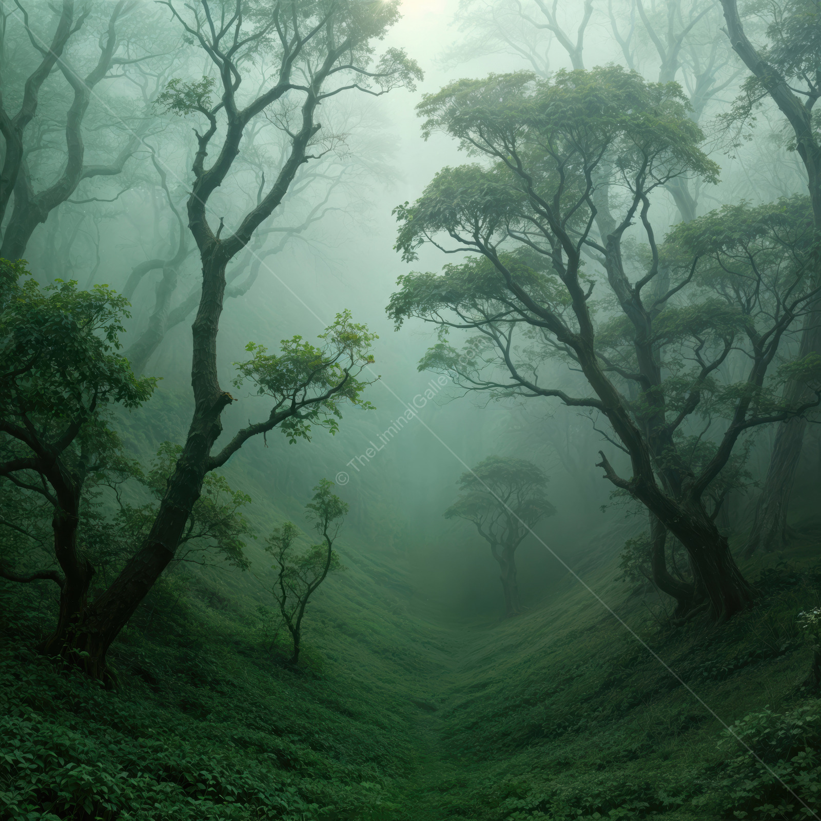 Mysterious forest path shrouded in mist evokes a dreamlike, liminal atmosphere