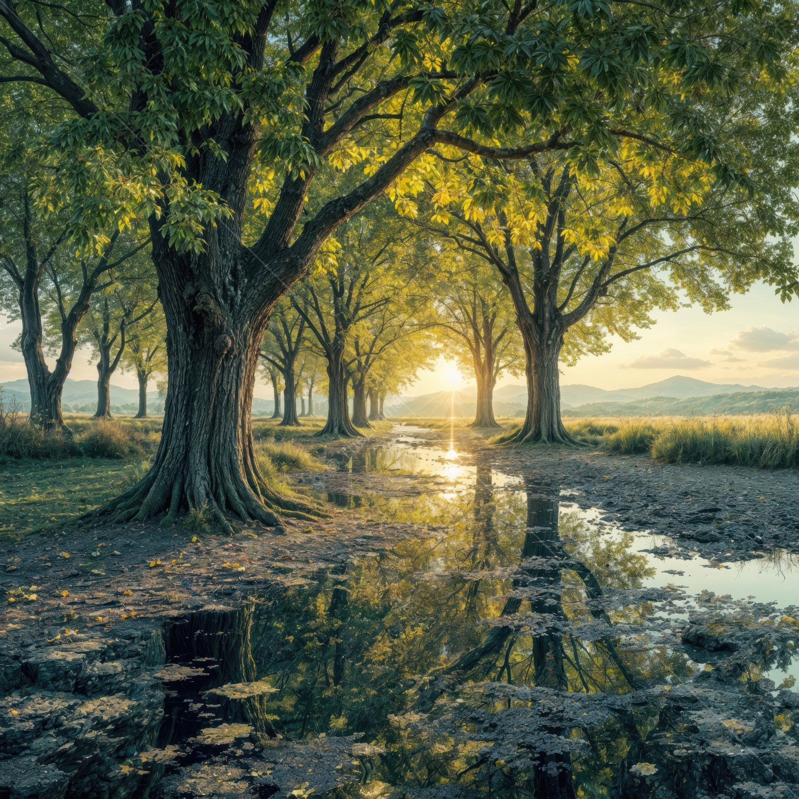 Dreamlike watery pathway through enchanting trees with golden light illuminating a tranquil water reflection