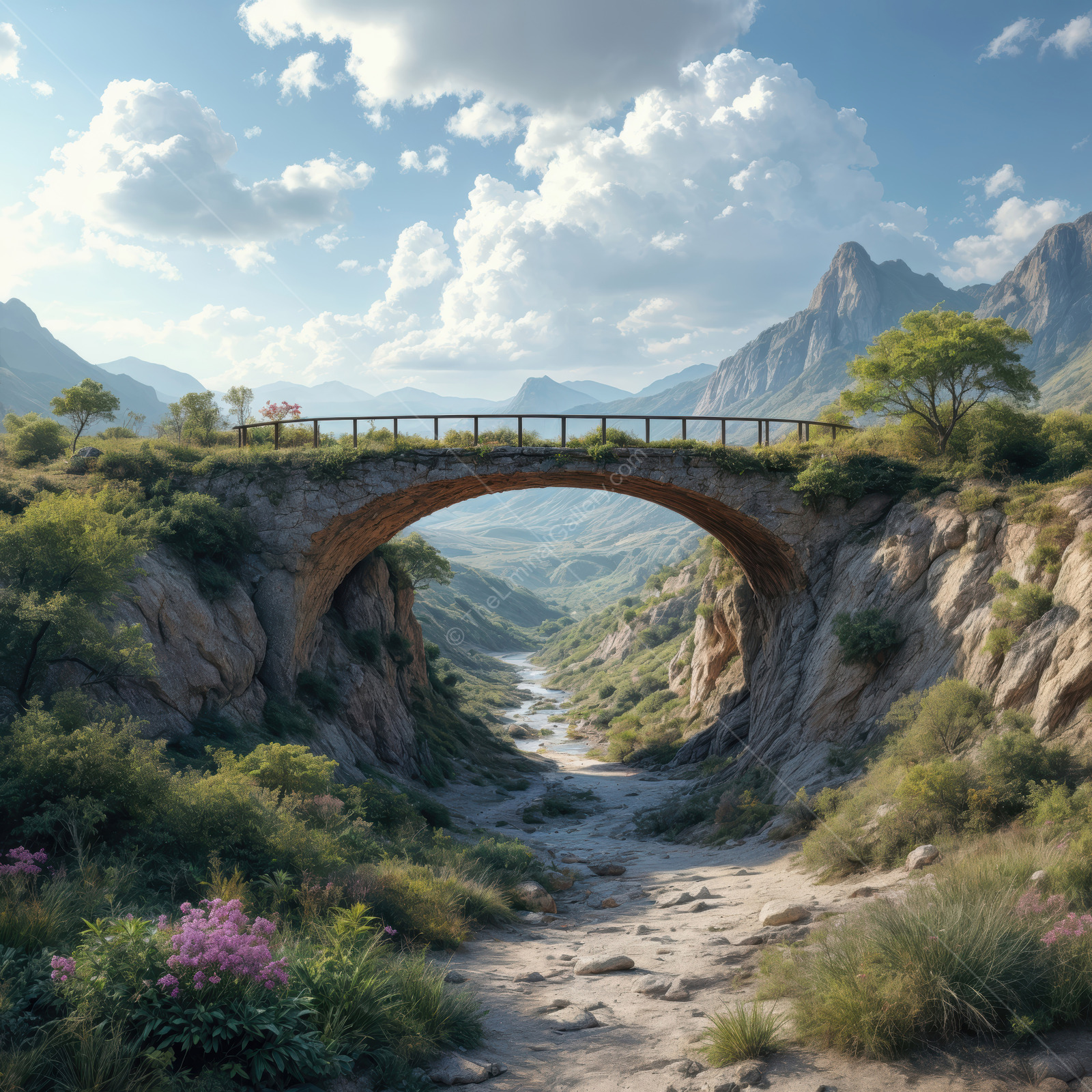 Exploring the surreal beauty of a forgotten bridge in a tranquil valley surrounded by majestic mountains