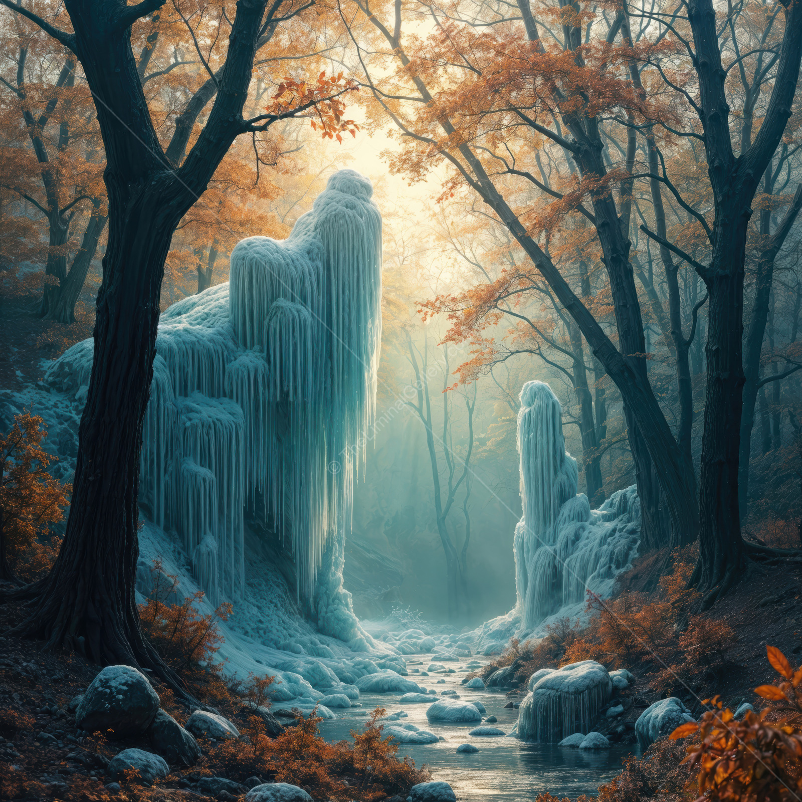 Emotion of a frozen forest and flowing water in a misty autumn landscape
